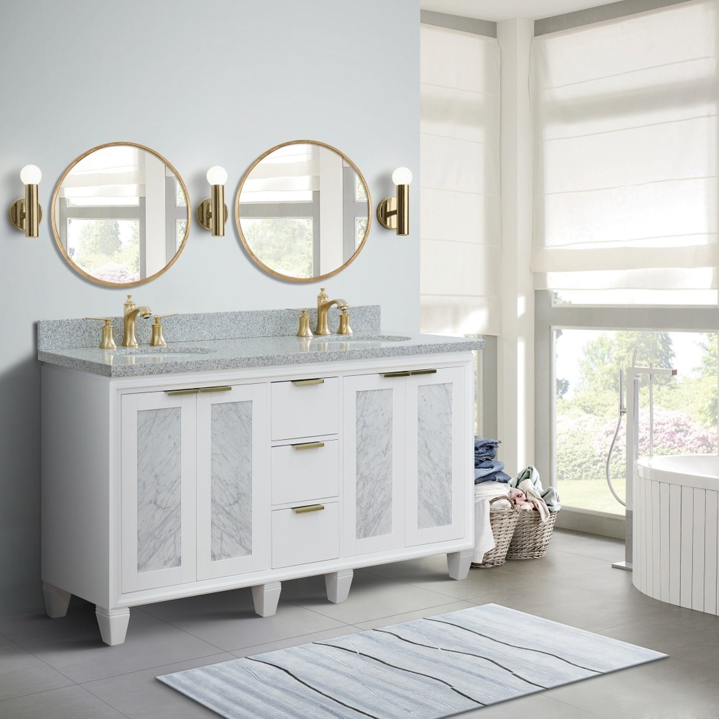 61" Double sink vanity in White finish with Gray granite and oval sink