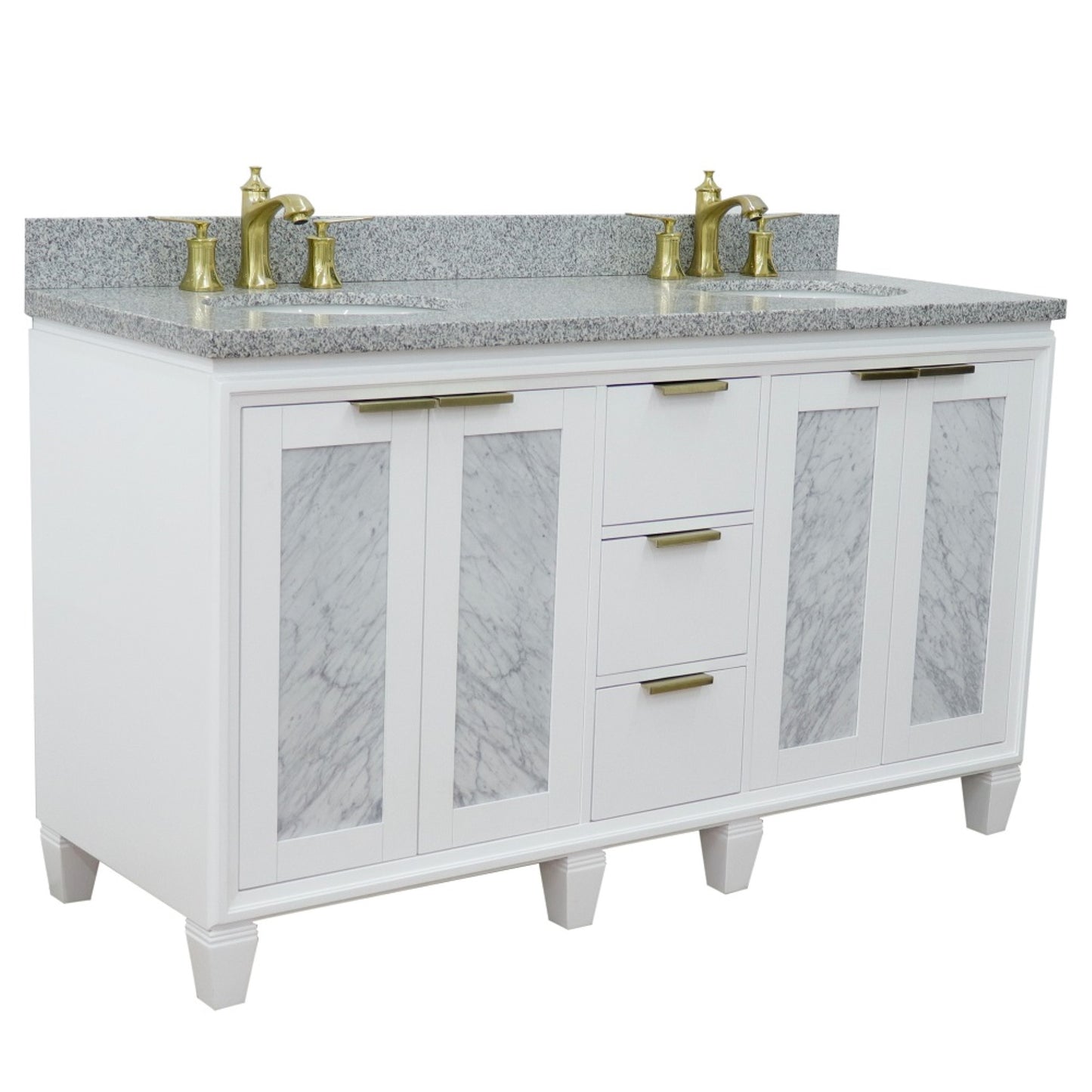 61" Double sink vanity in White finish with Gray granite and oval sink
