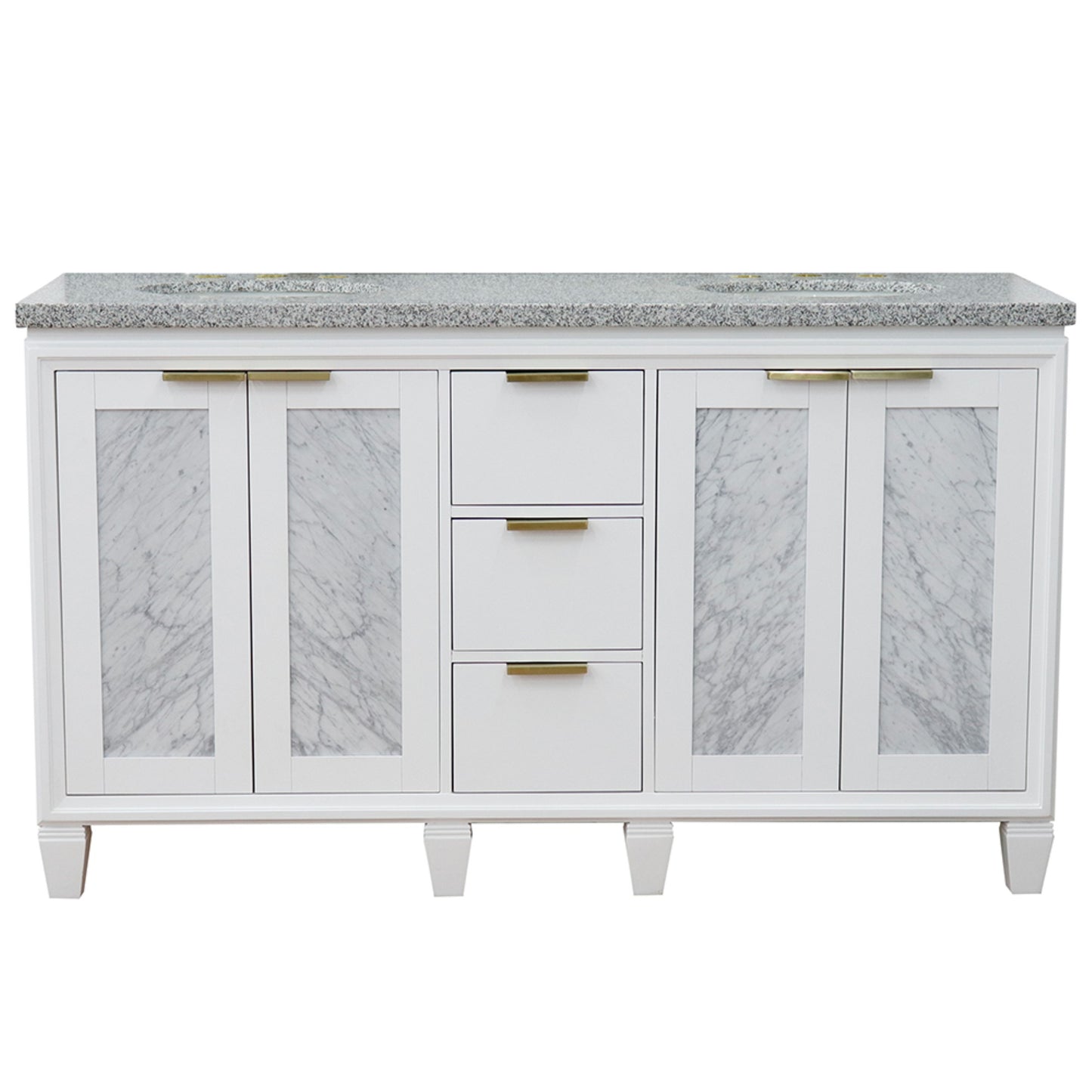 61" Double sink vanity in White finish with Gray granite and oval sink