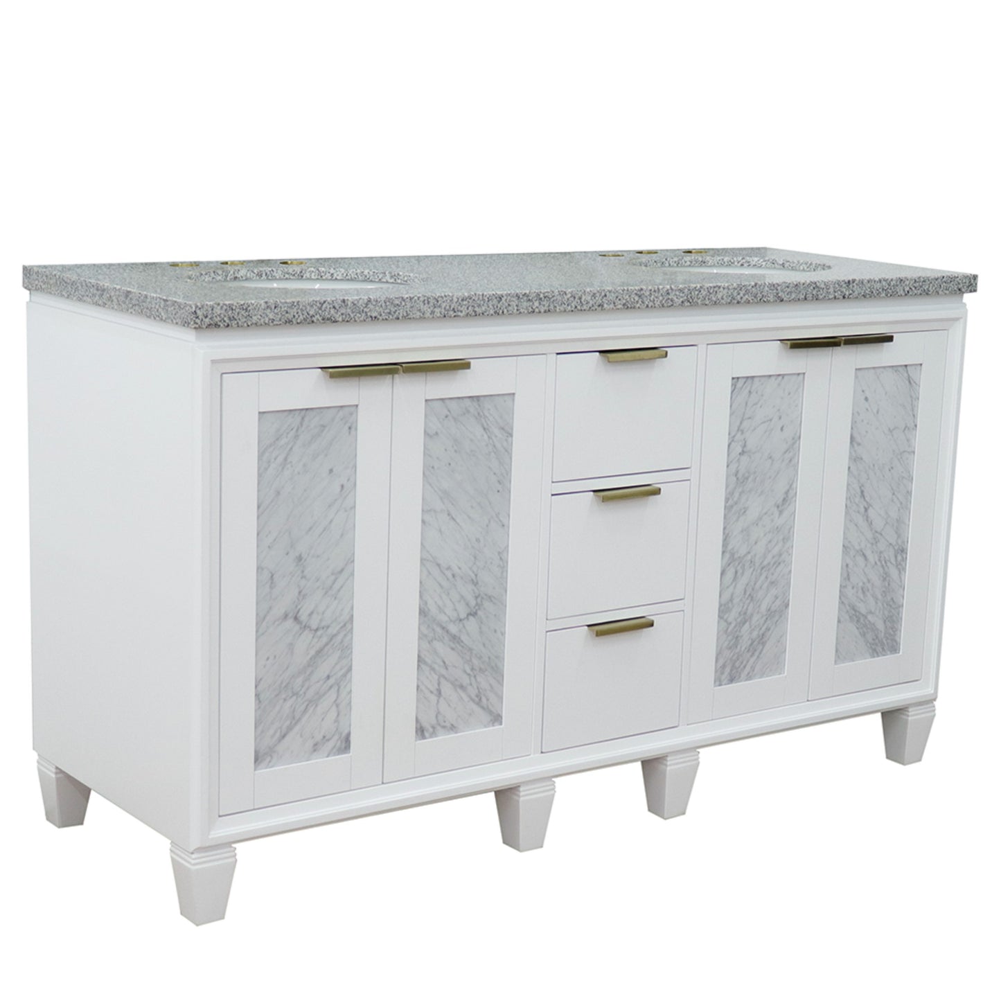 61" Double sink vanity in White finish with Gray granite and oval sink