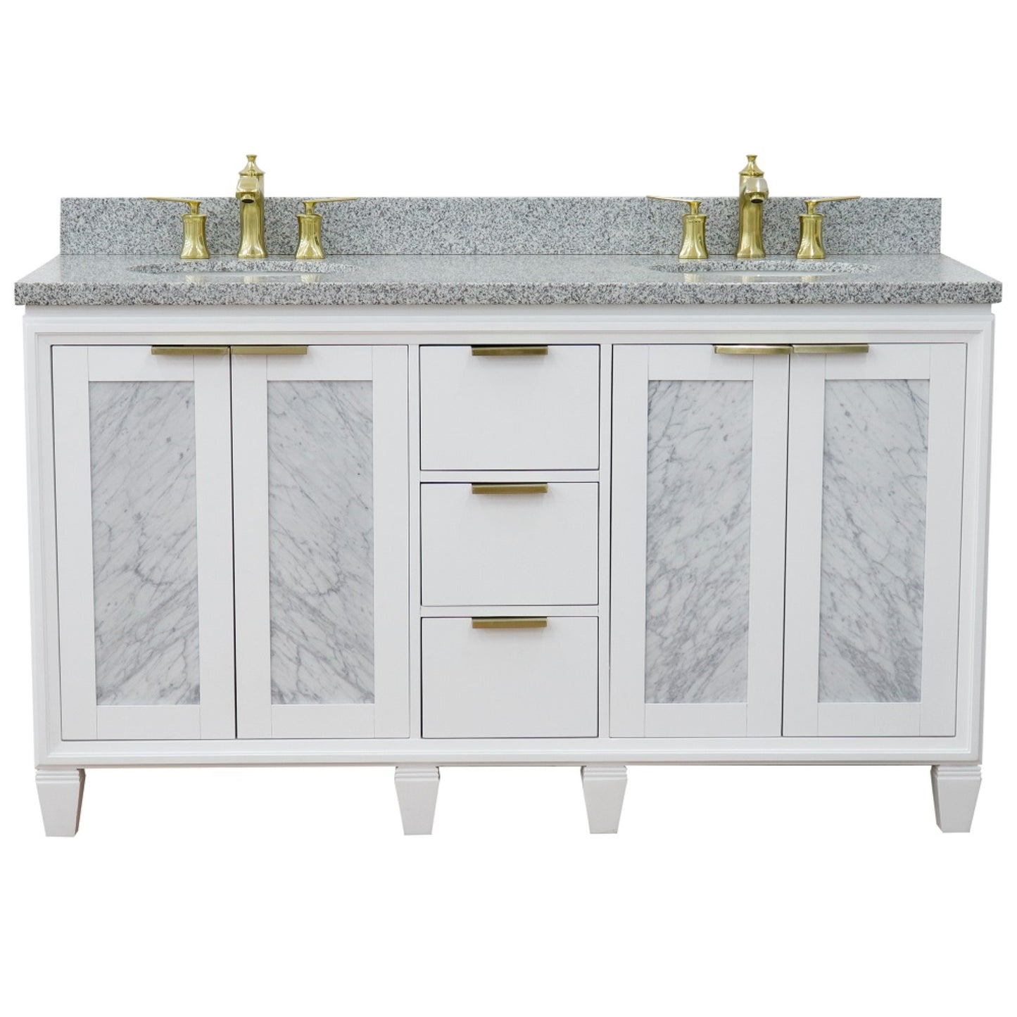 61" Double sink vanity in White finish with Gray granite and oval sink