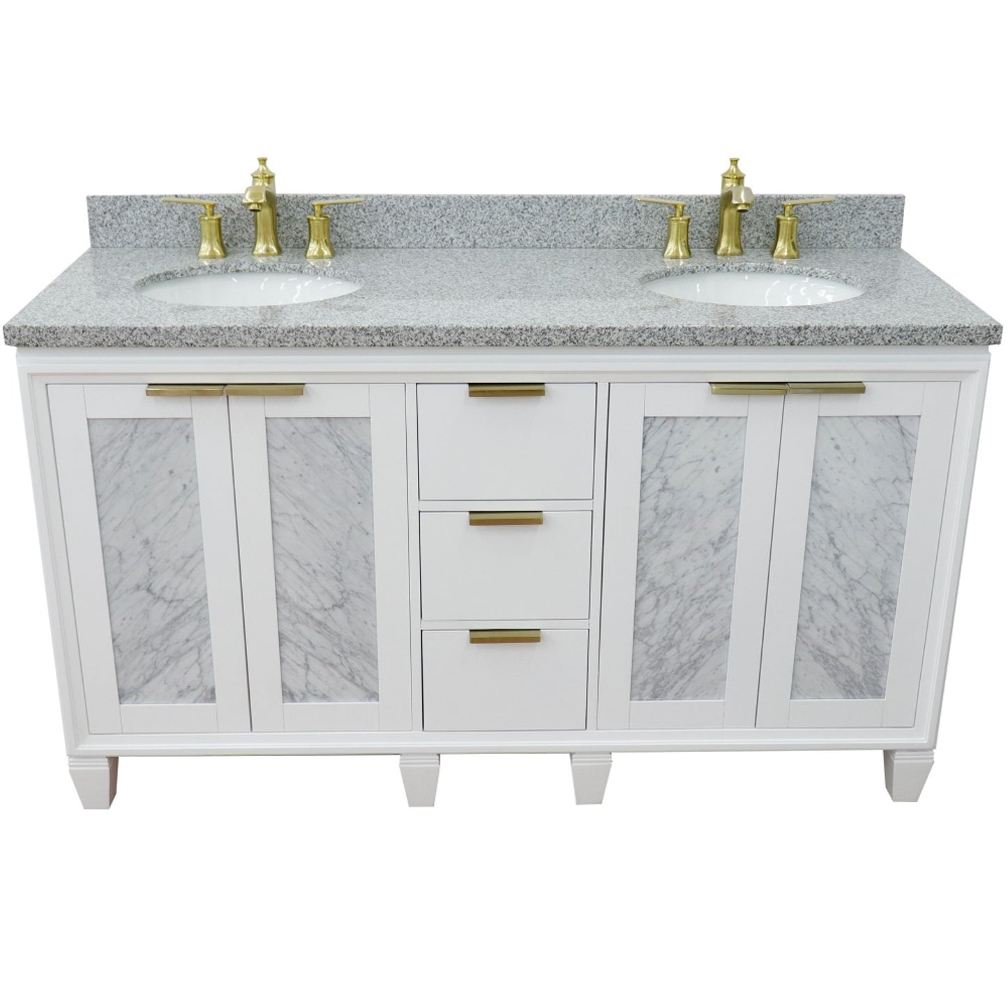 61" Double sink vanity in White finish with Gray granite and oval sink