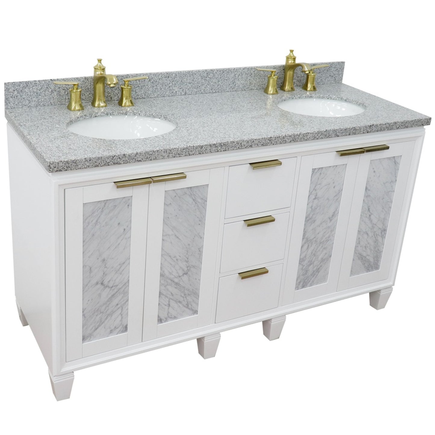 61" Double sink vanity in White finish with Gray granite and oval sink