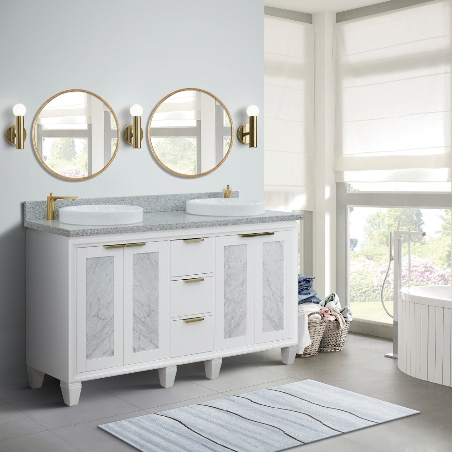 61" Double sink vanity in White finish with Gray granite and round sink