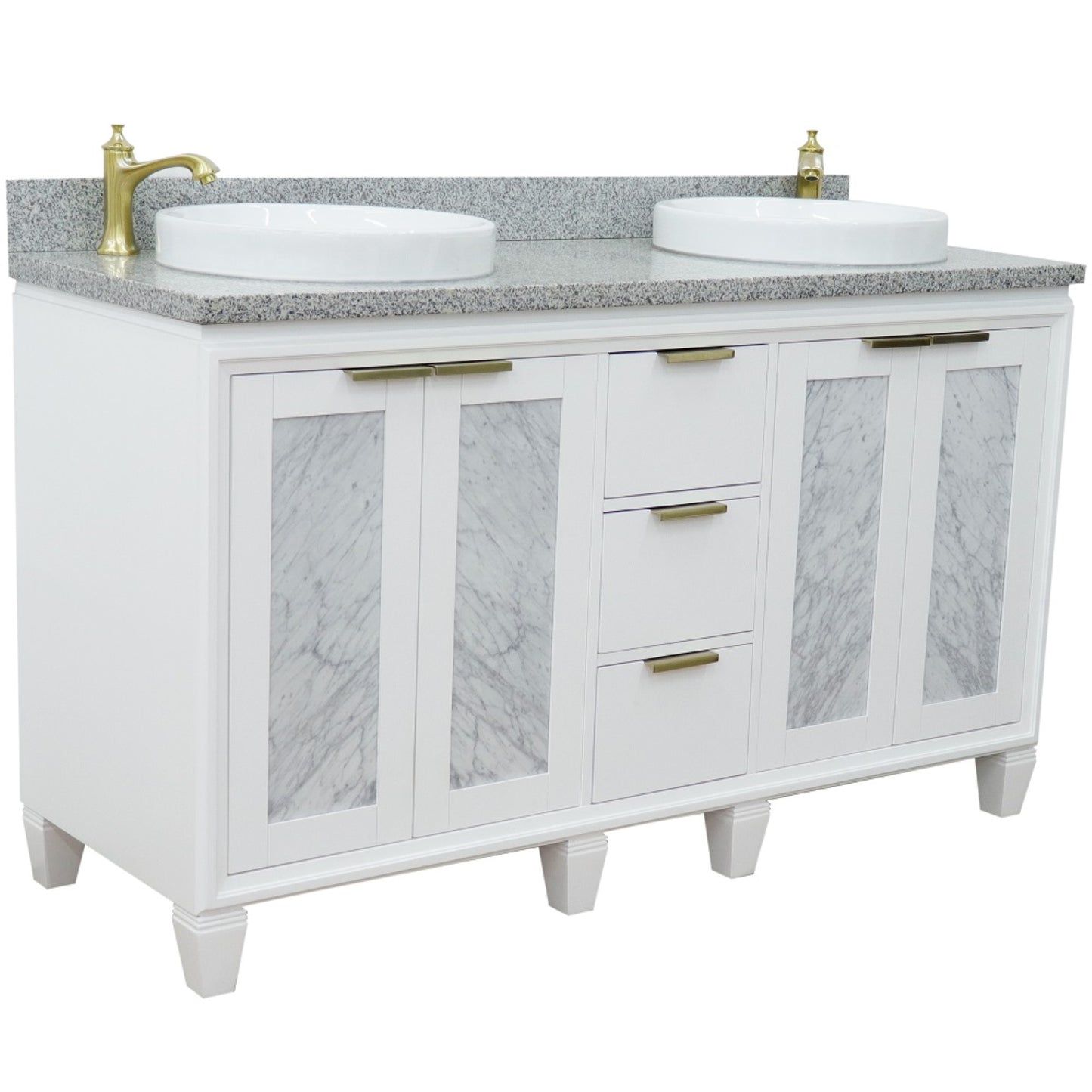 61" Double sink vanity in White finish with Gray granite and round sink