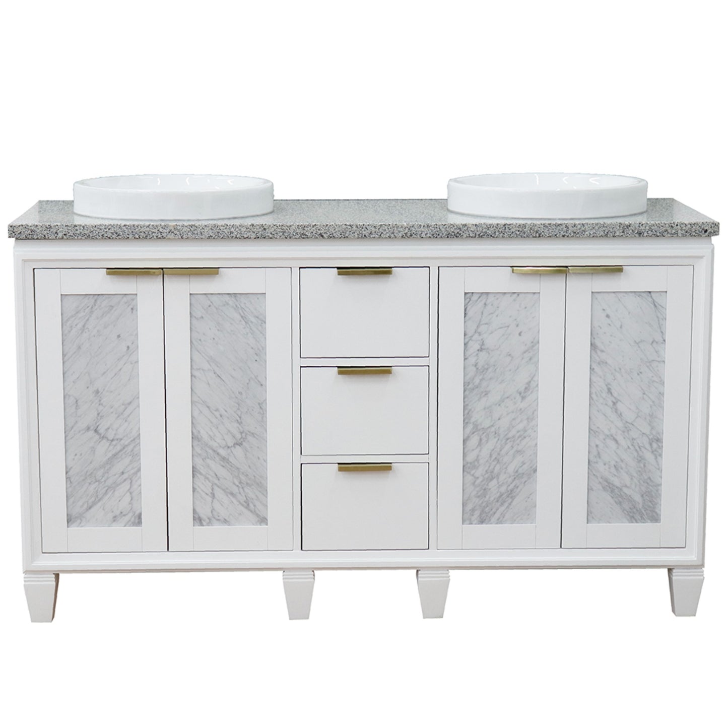 61" Double sink vanity in White finish with Gray granite and round sink