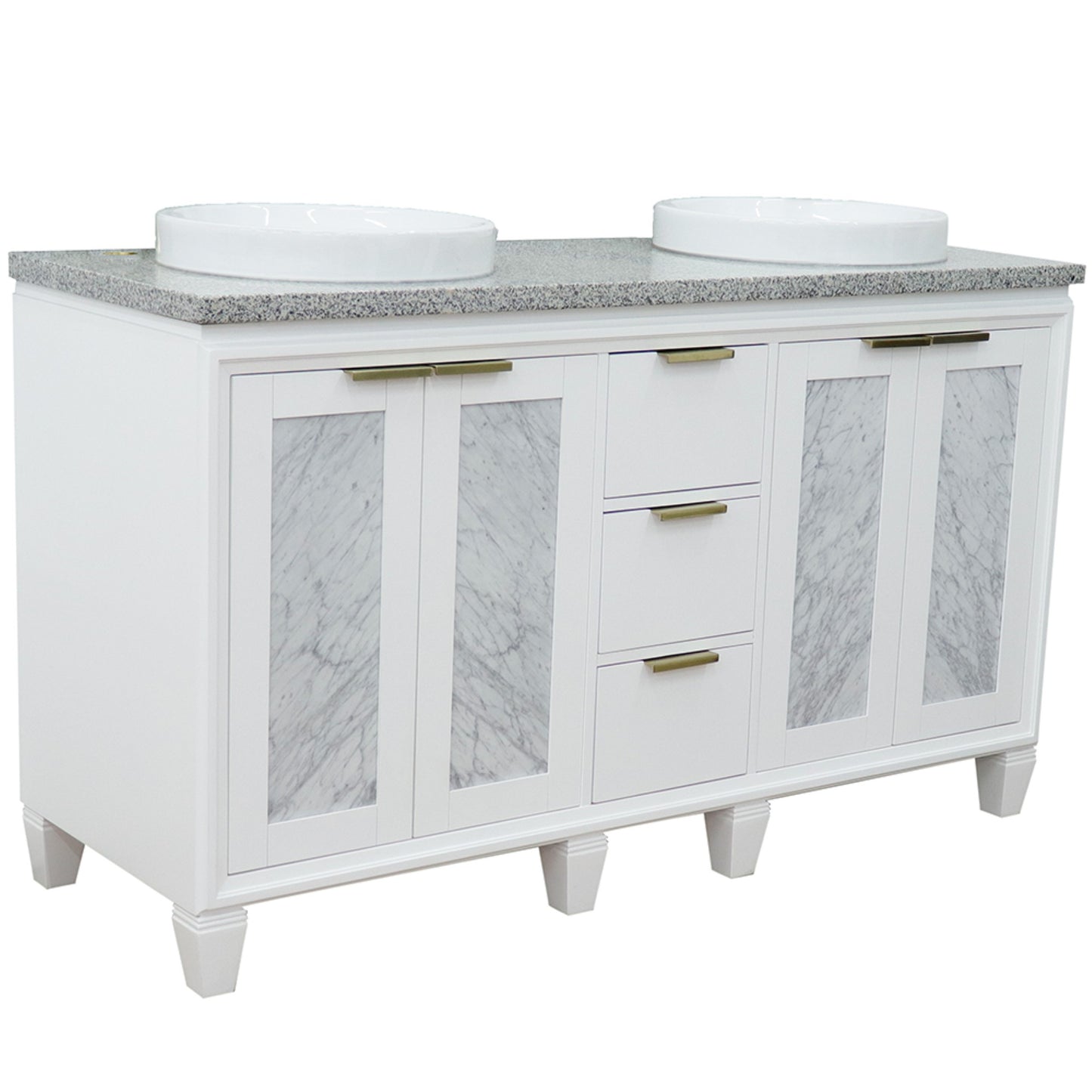 61" Double sink vanity in White finish with Gray granite and round sink