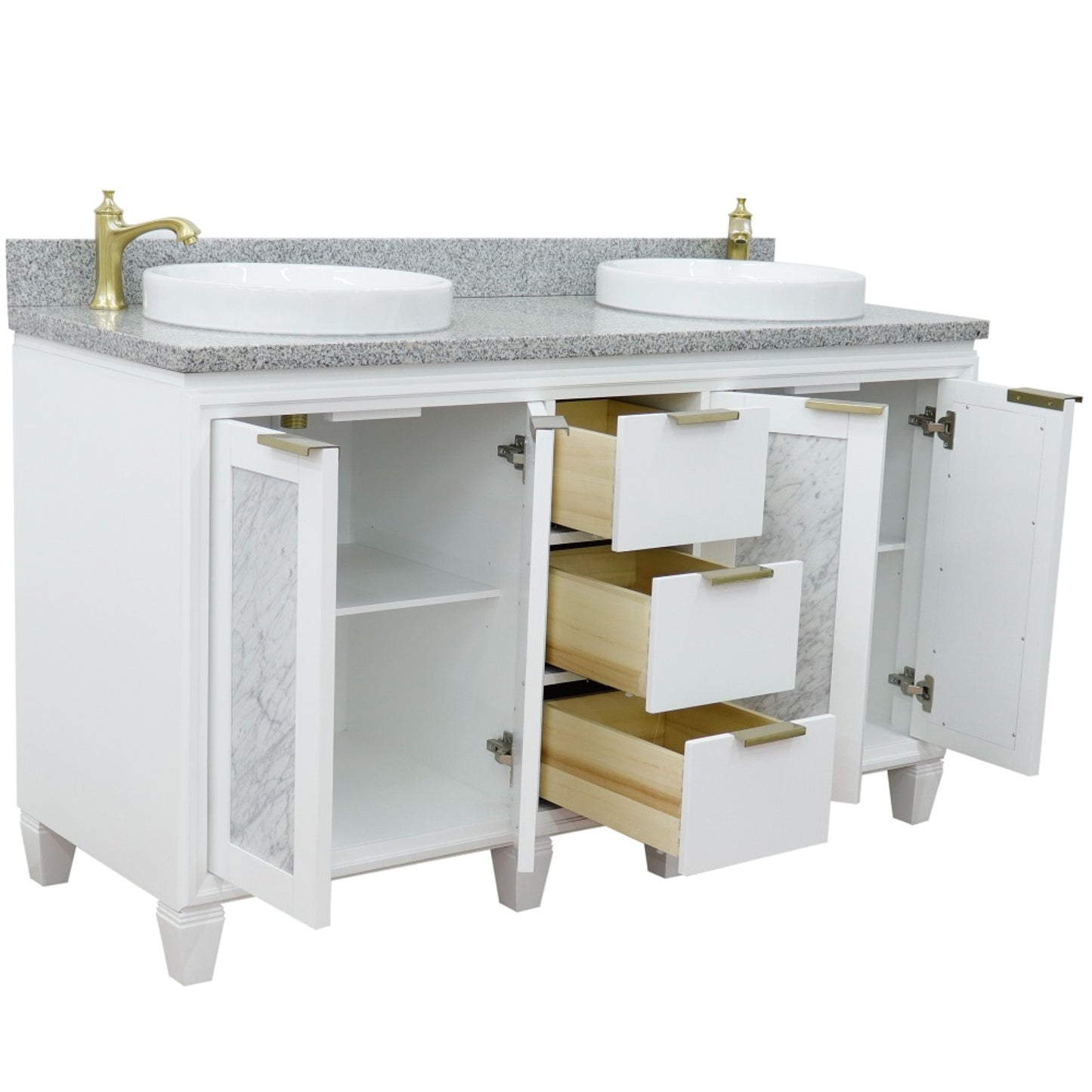 61" Double sink vanity in White finish with Gray granite and round sink