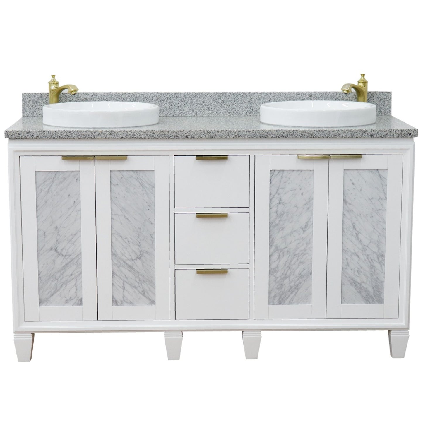 61" Double sink vanity in White finish with Gray granite and round sink
