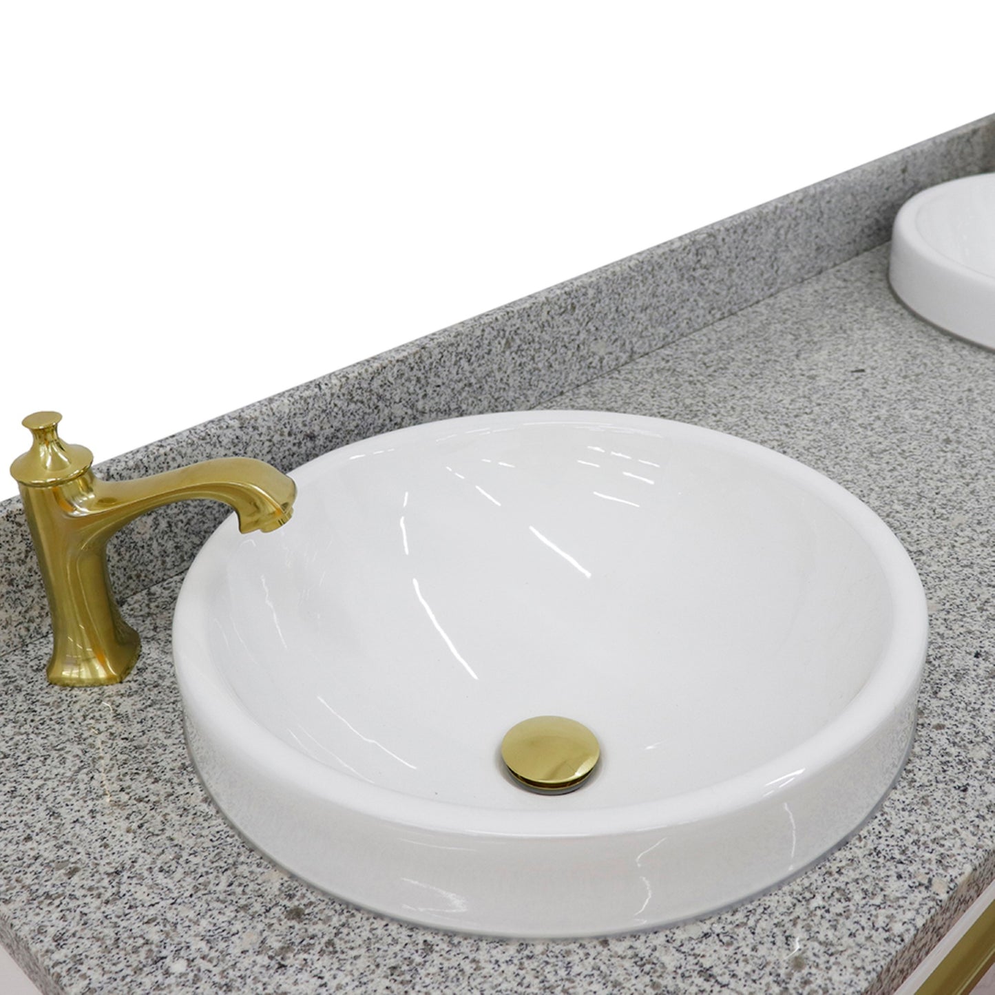 61" Double sink vanity in White finish with Gray granite and round sink
