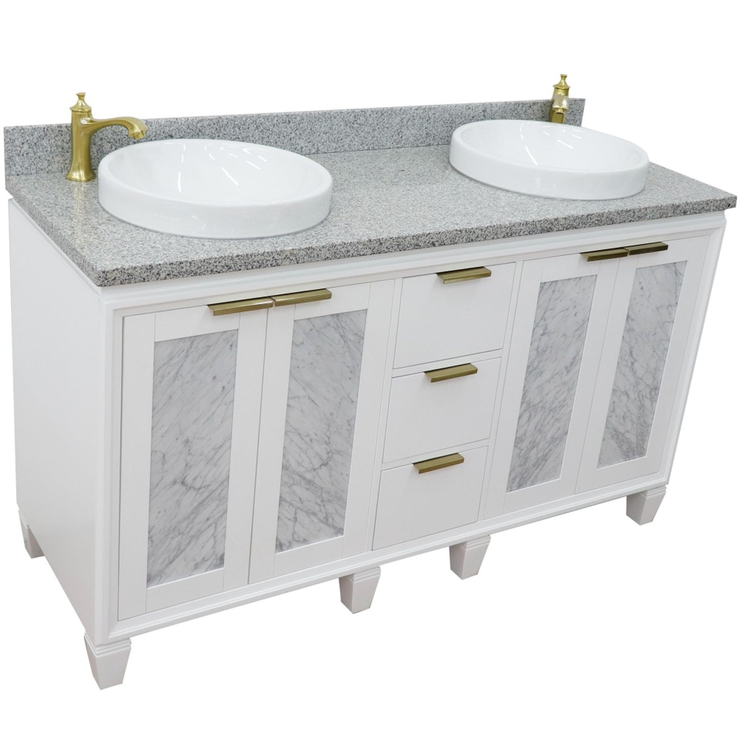 61" Double sink vanity in White finish with Gray granite and round sink