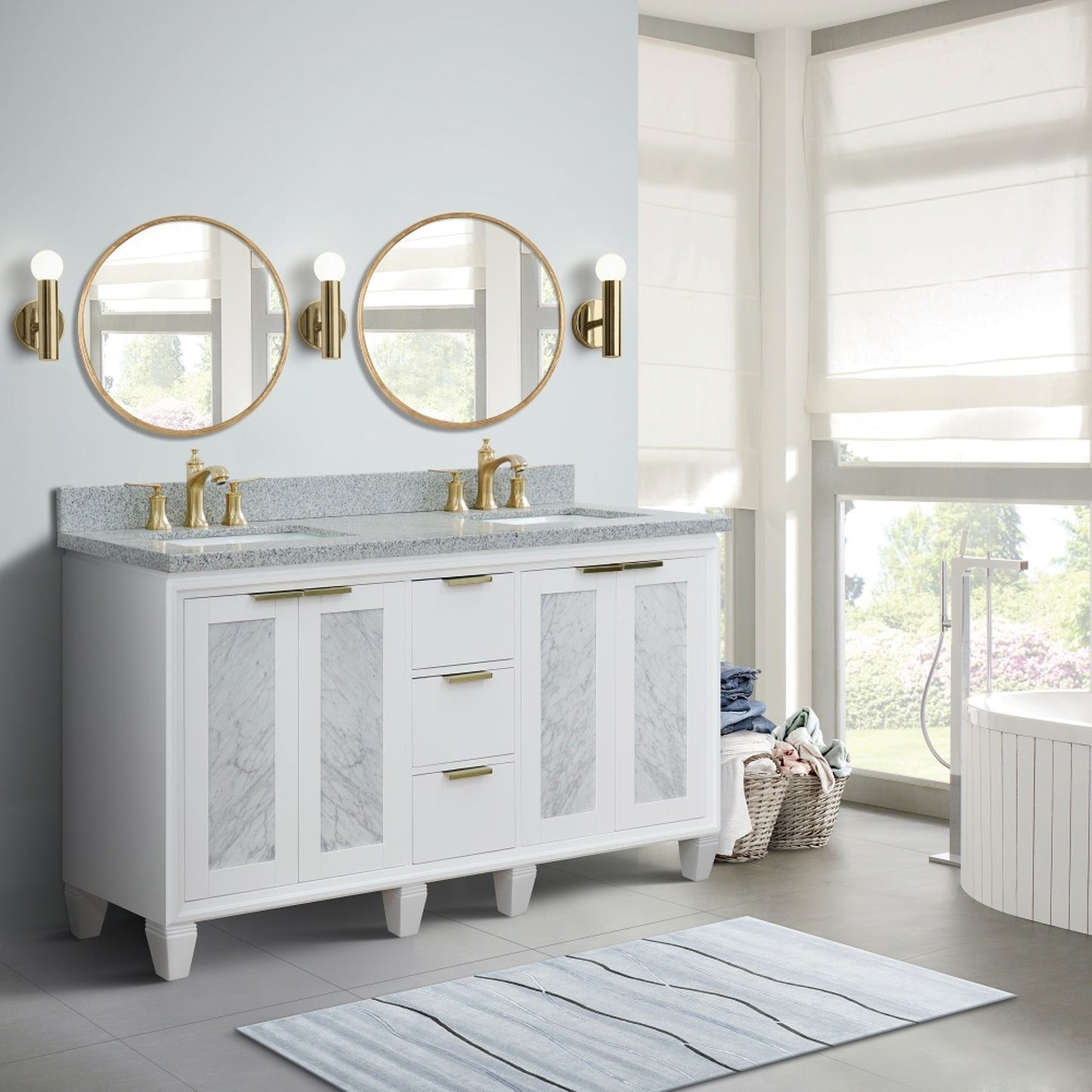 61" Double sink vanity in White finish with Gray granite and rectangle sink