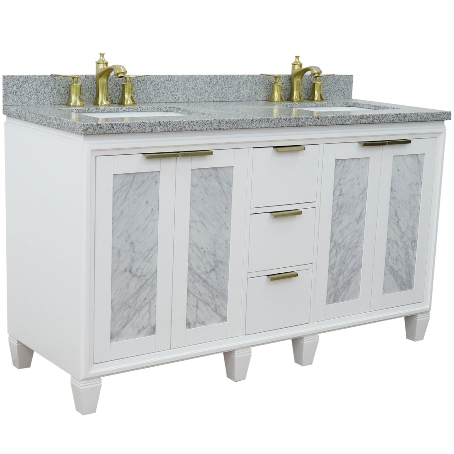 61" Double sink vanity in White finish with Gray granite and rectangle sink