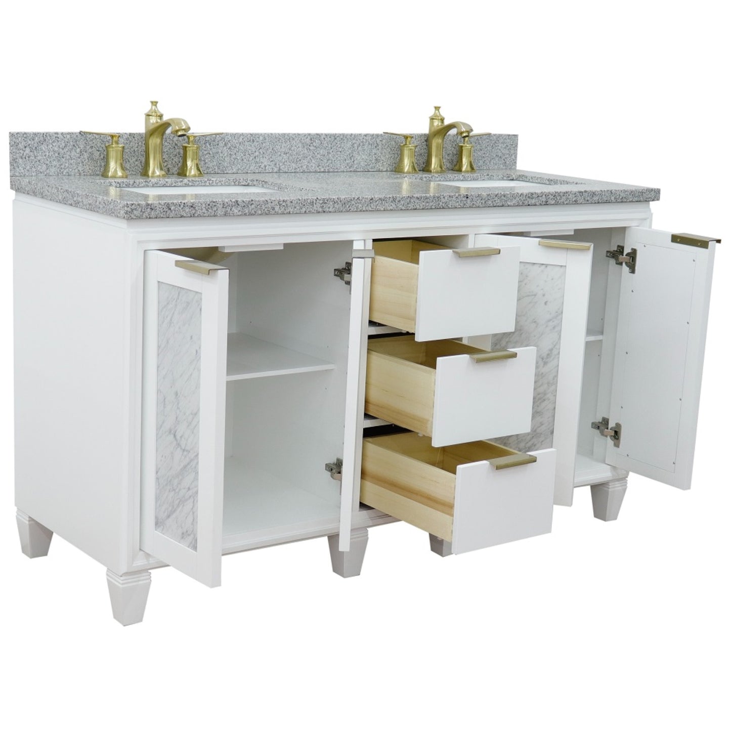 61" Double sink vanity in White finish with Gray granite and rectangle sink