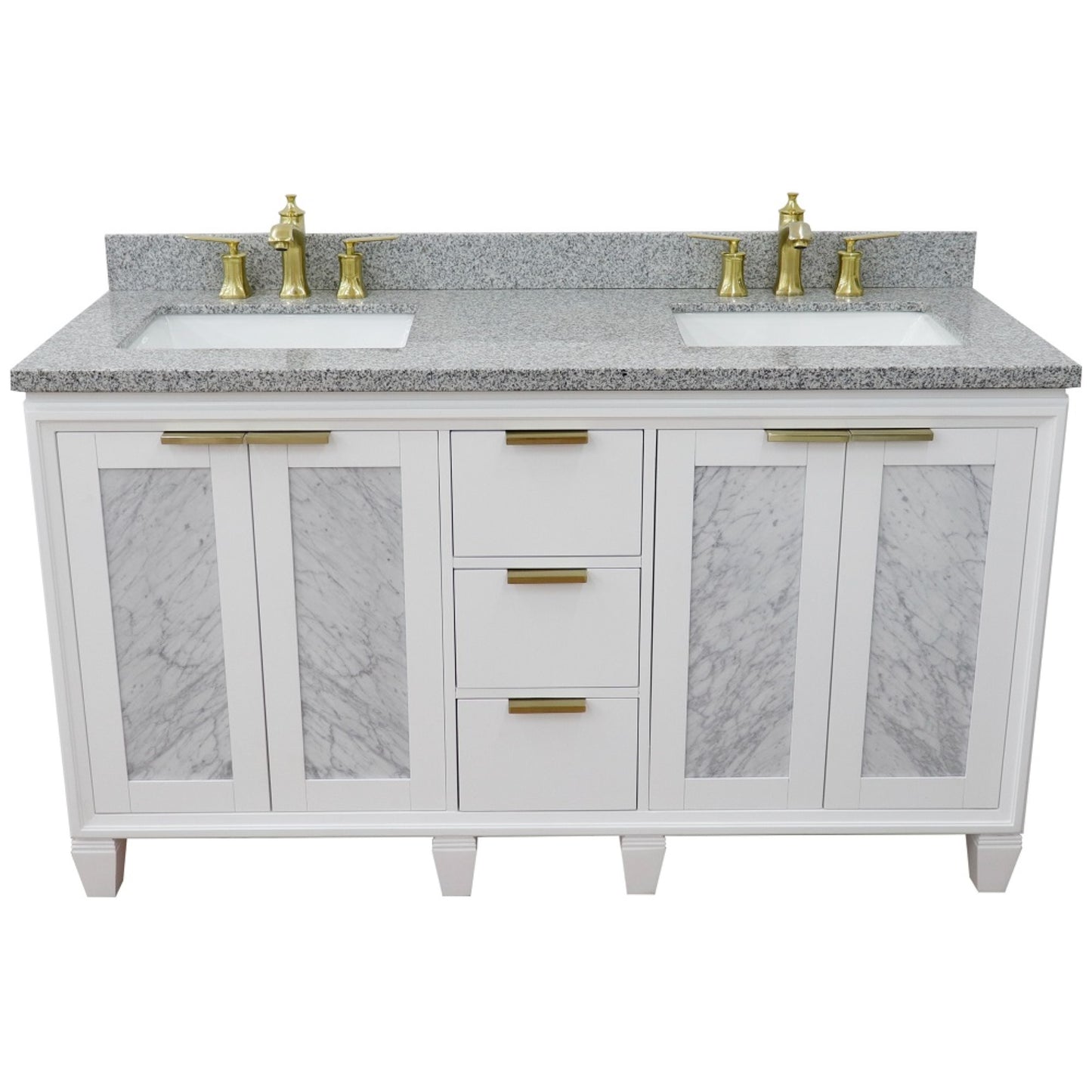 61" Double sink vanity in White finish with Gray granite and rectangle sink