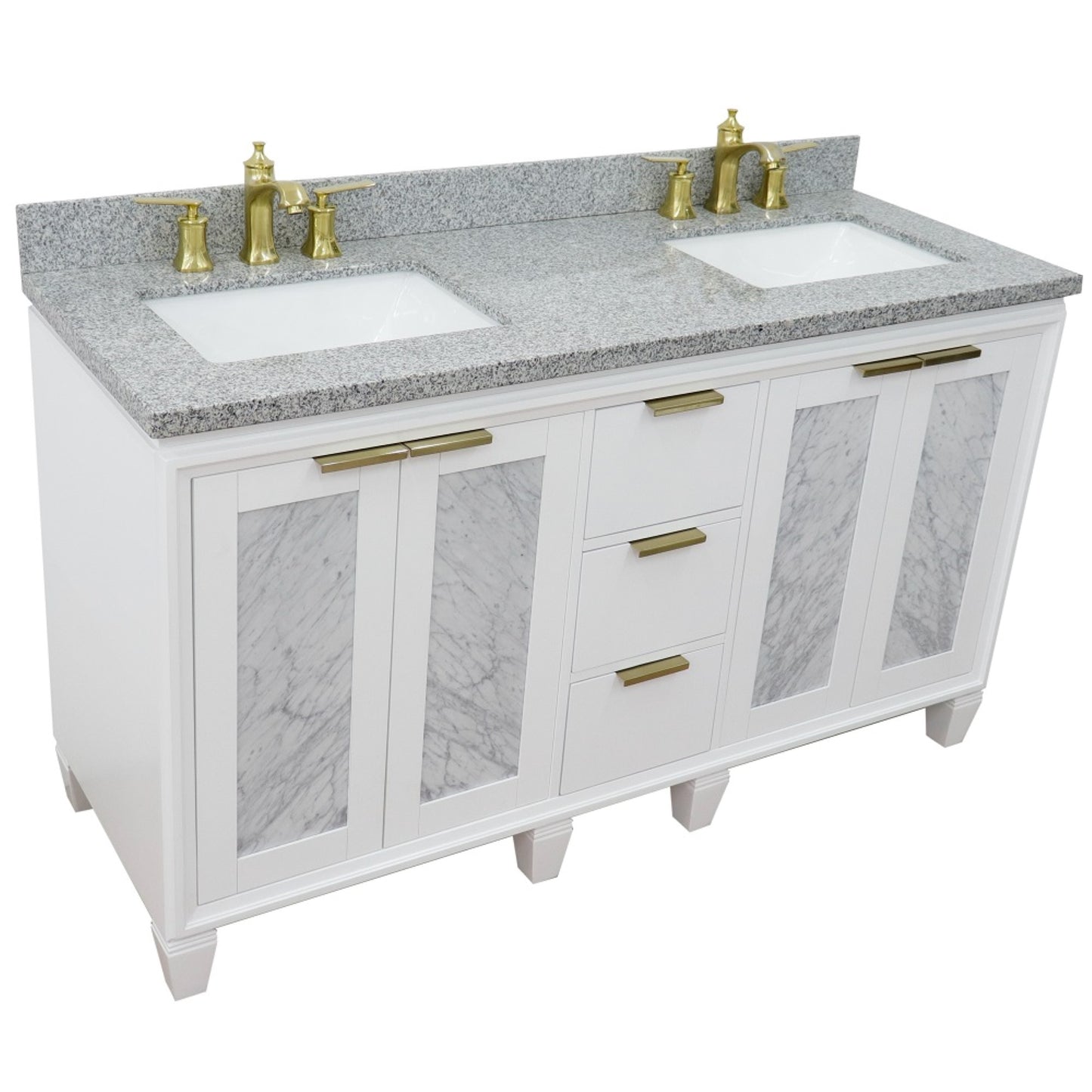 61" Double sink vanity in White finish with Gray granite and rectangle sink