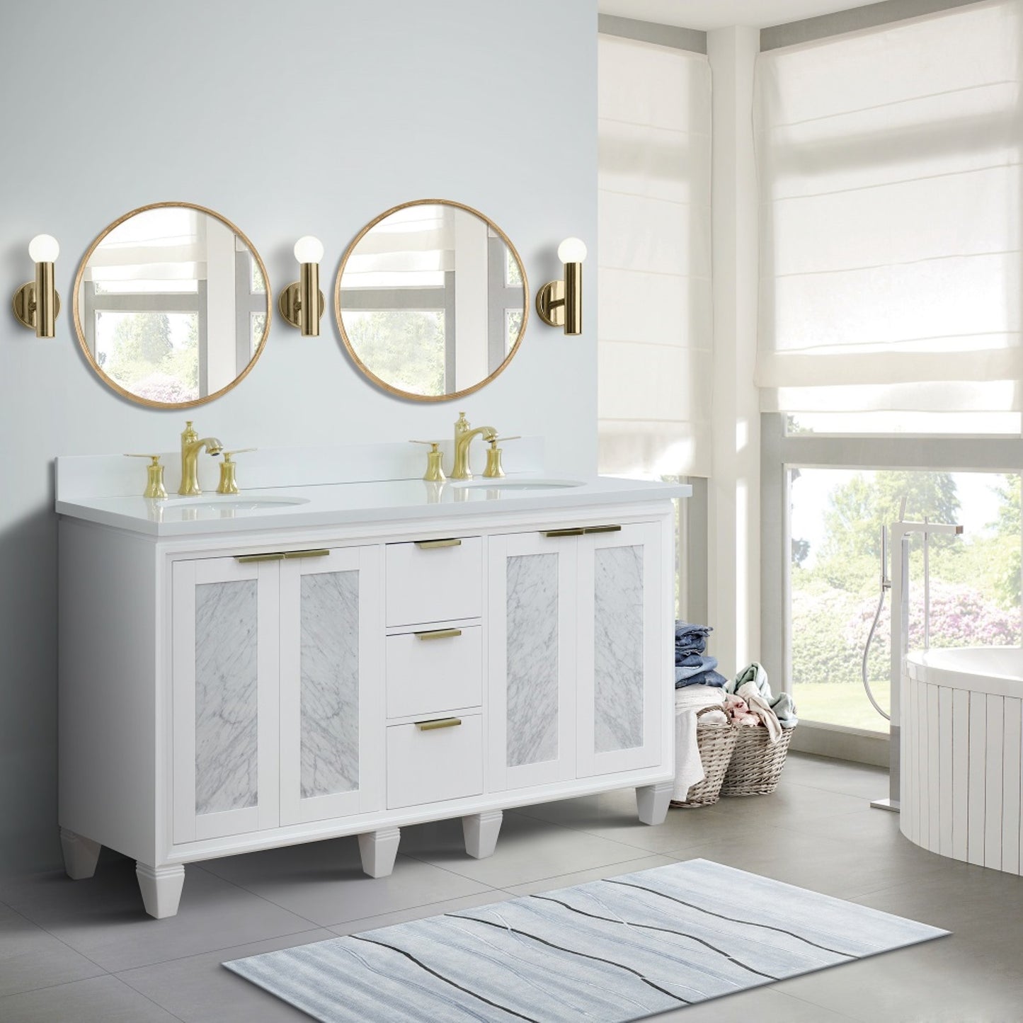 61" Double sink vanity in White finish with White engineered stone and oval sink