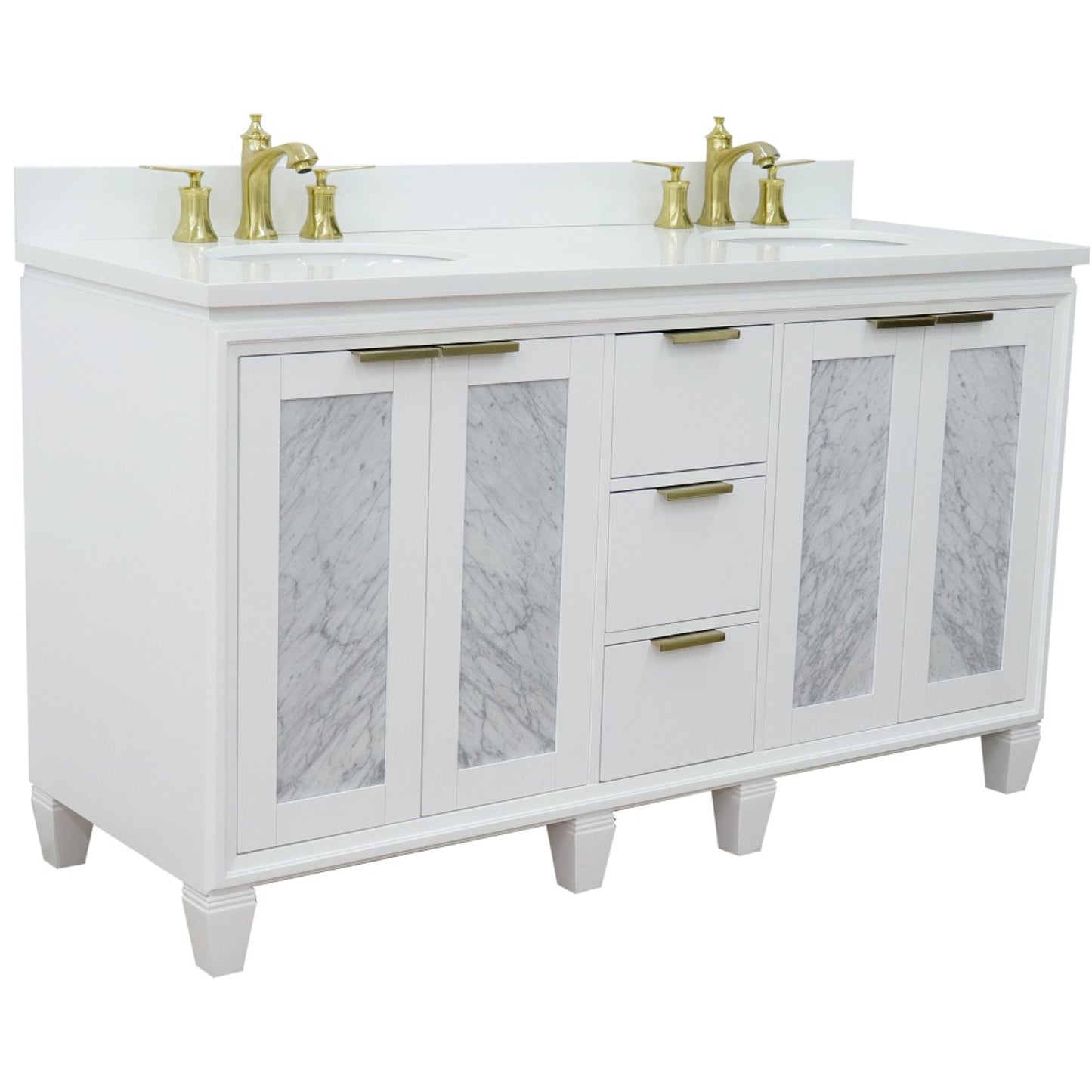 61" Double sink vanity in White finish with White engineered stone and oval sink