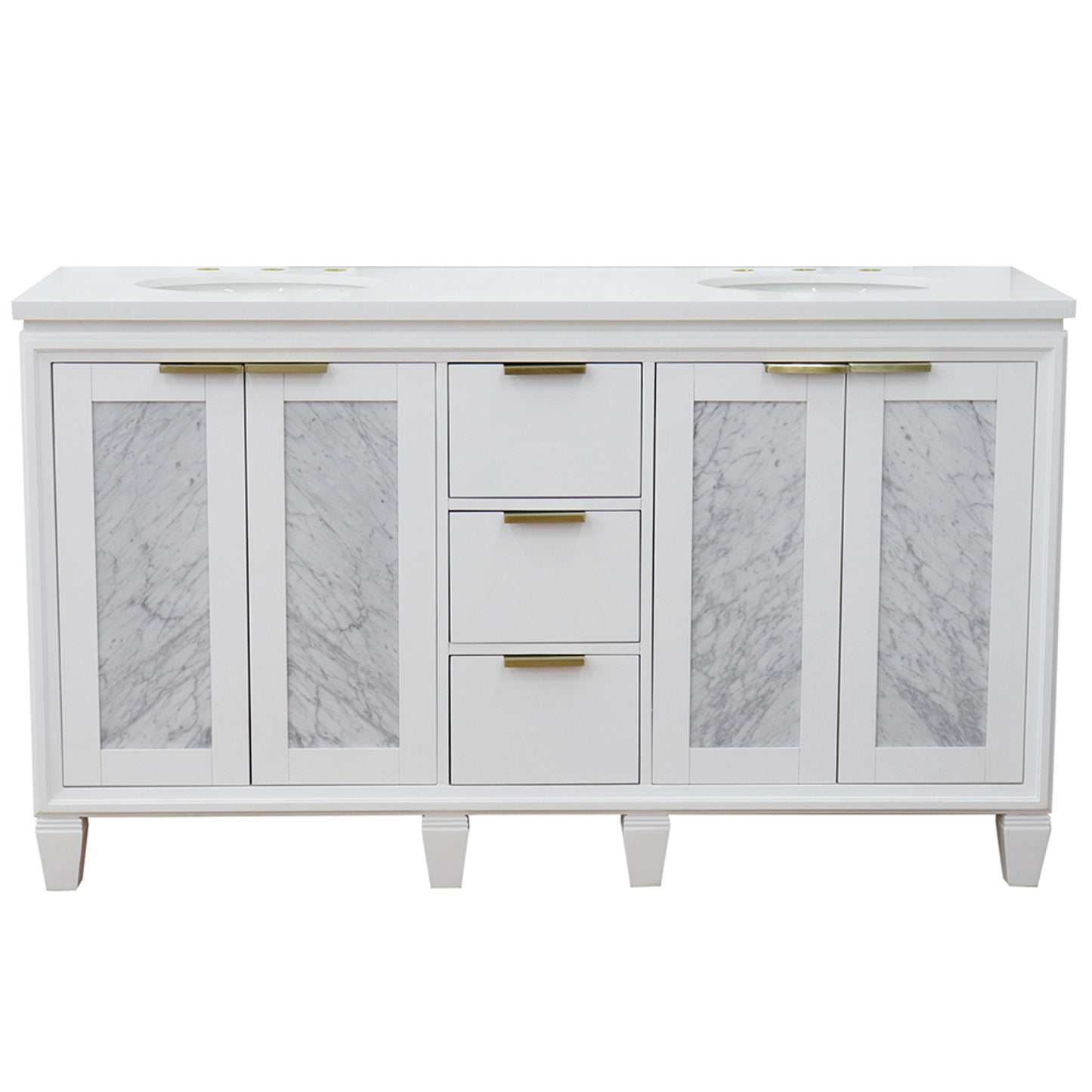 61" Double sink vanity in White finish with White engineered stone and oval sink