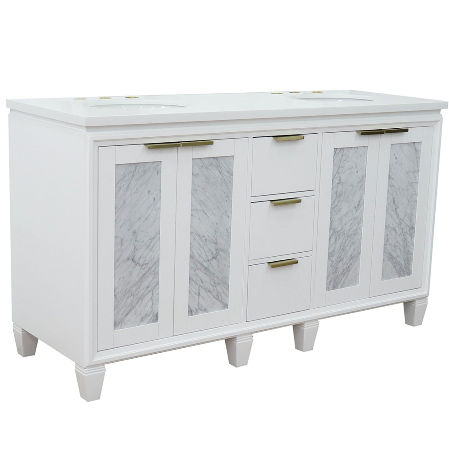 61" Double sink vanity in White finish with White engineered stone and oval sink