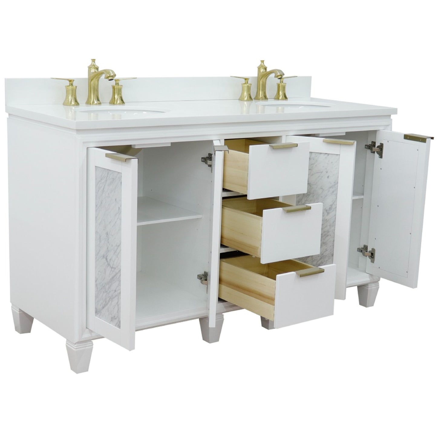 61" Double sink vanity in White finish with White engineered stone and oval sink