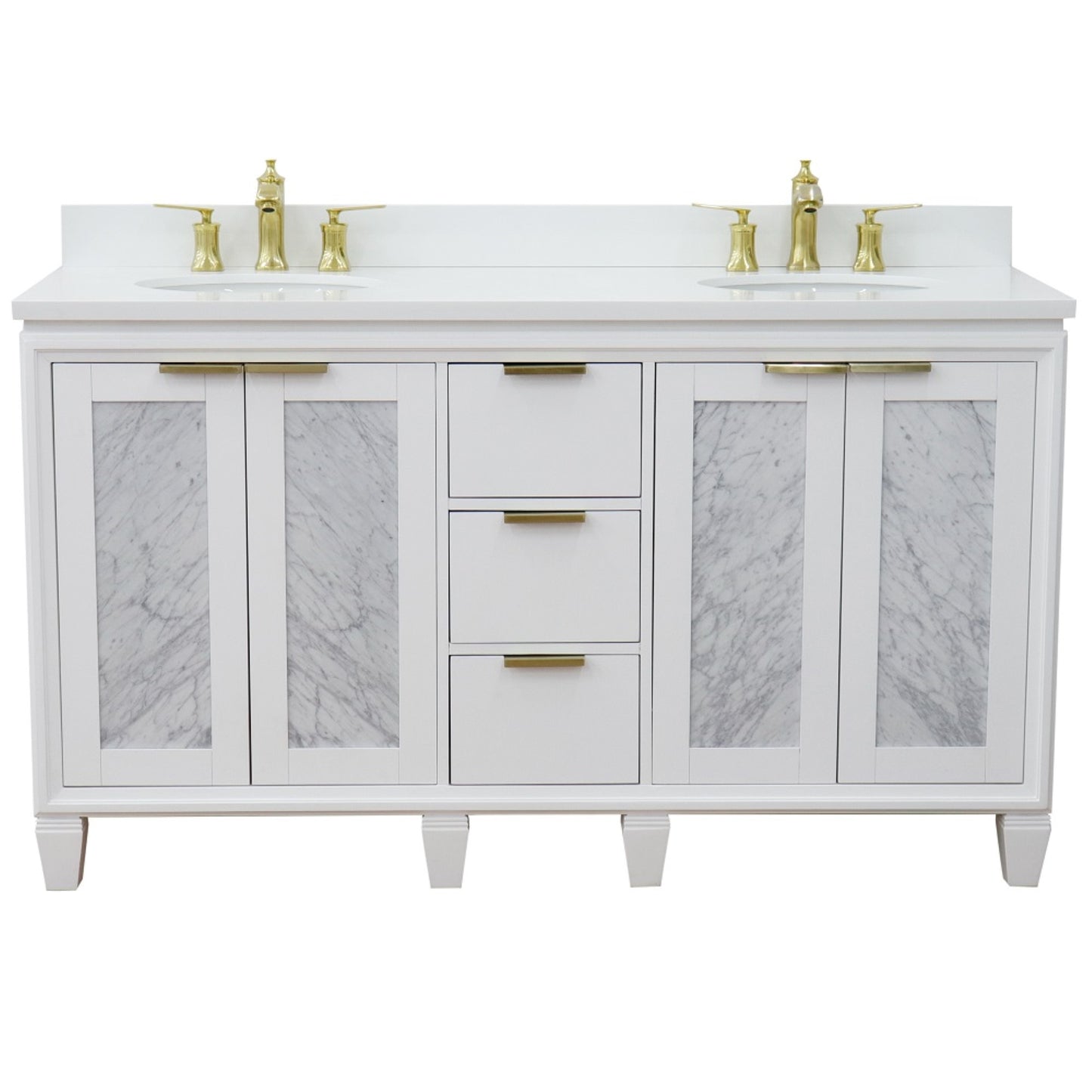 61" Double sink vanity in White finish with White engineered stone and oval sink