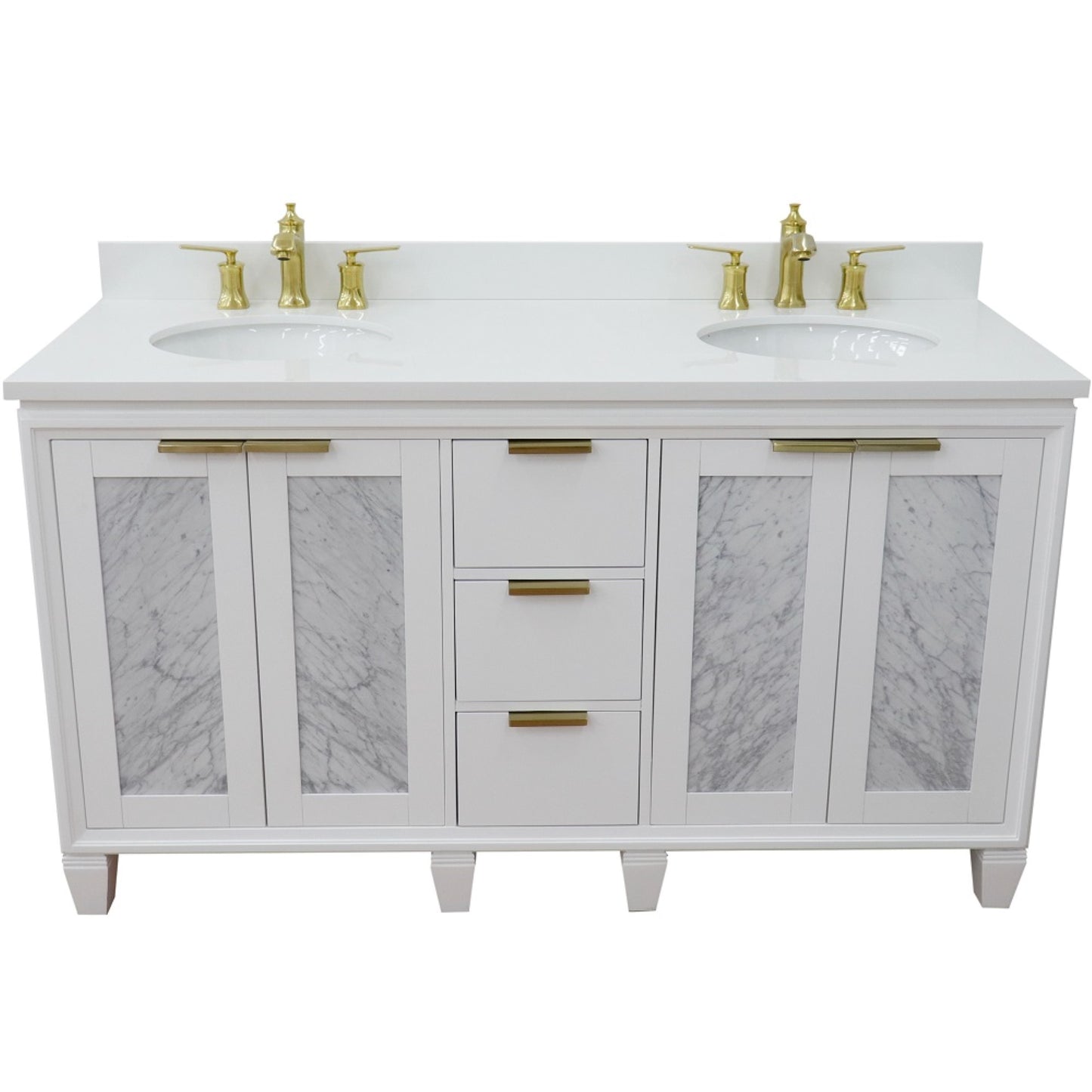 61" Double sink vanity in White finish with White engineered stone and oval sink