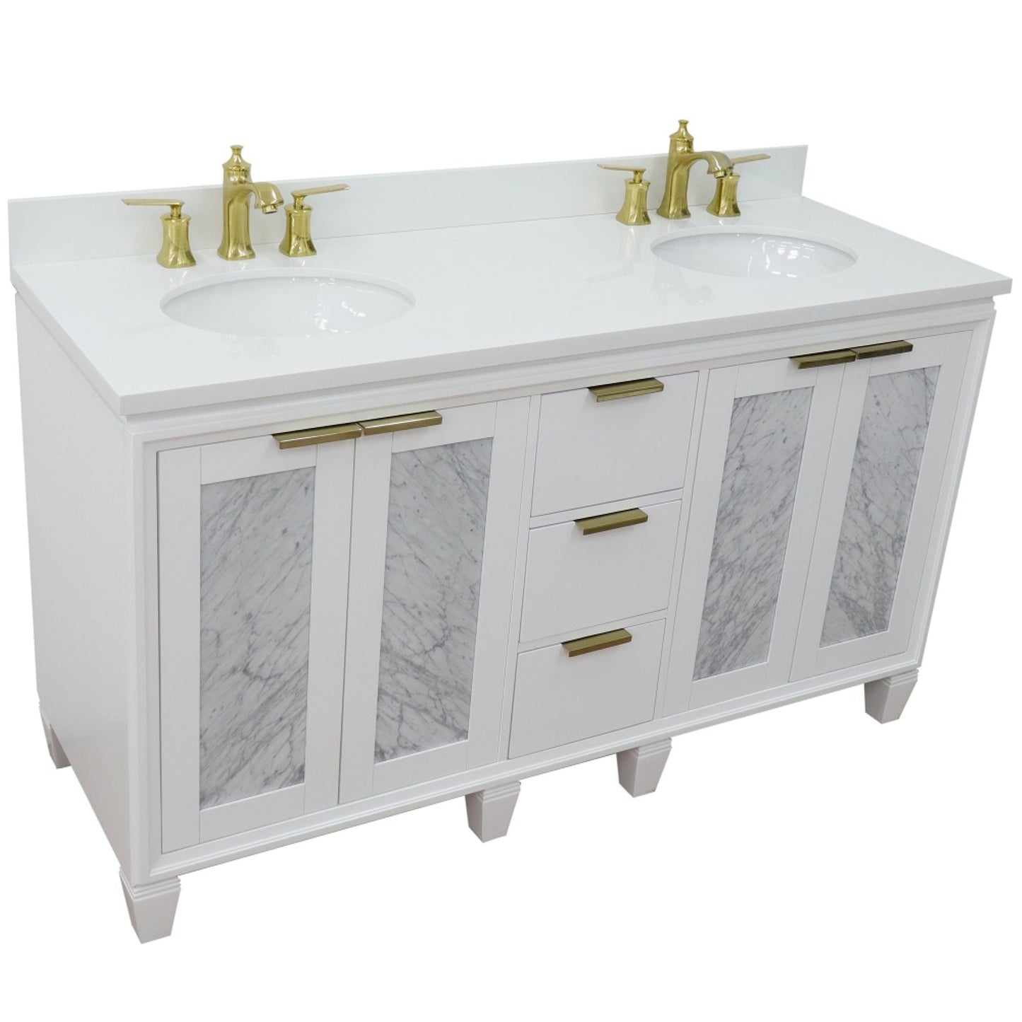 61" Double sink vanity in White finish with White engineered stone and oval sink
