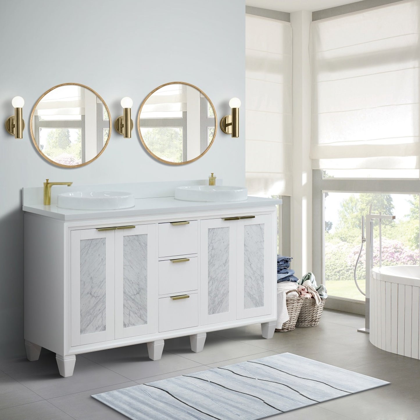 61" Double sink vanity in White finish with White engineered stone and round sink