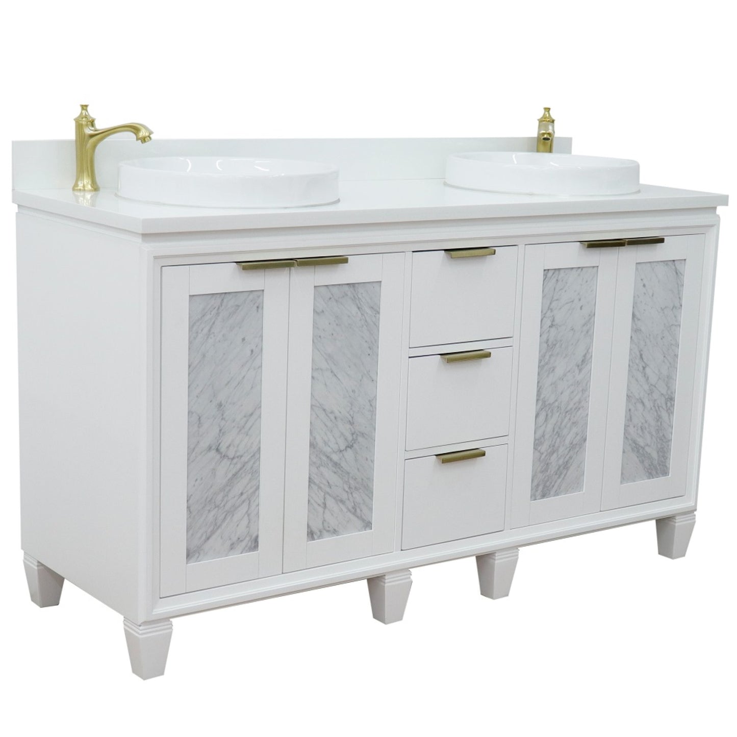 61" Double sink vanity in White finish with White engineered stone and round sink