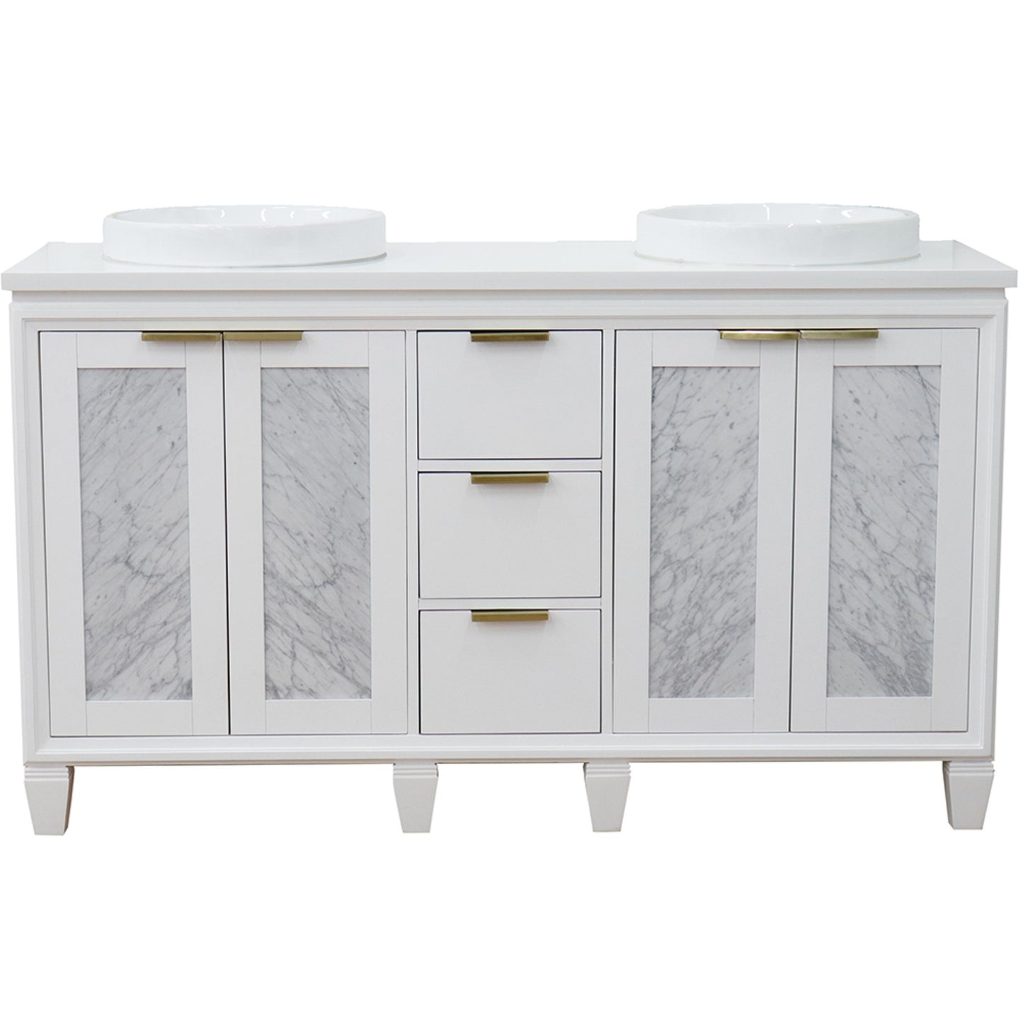 61" Double sink vanity in White finish with White engineered stone and round sink