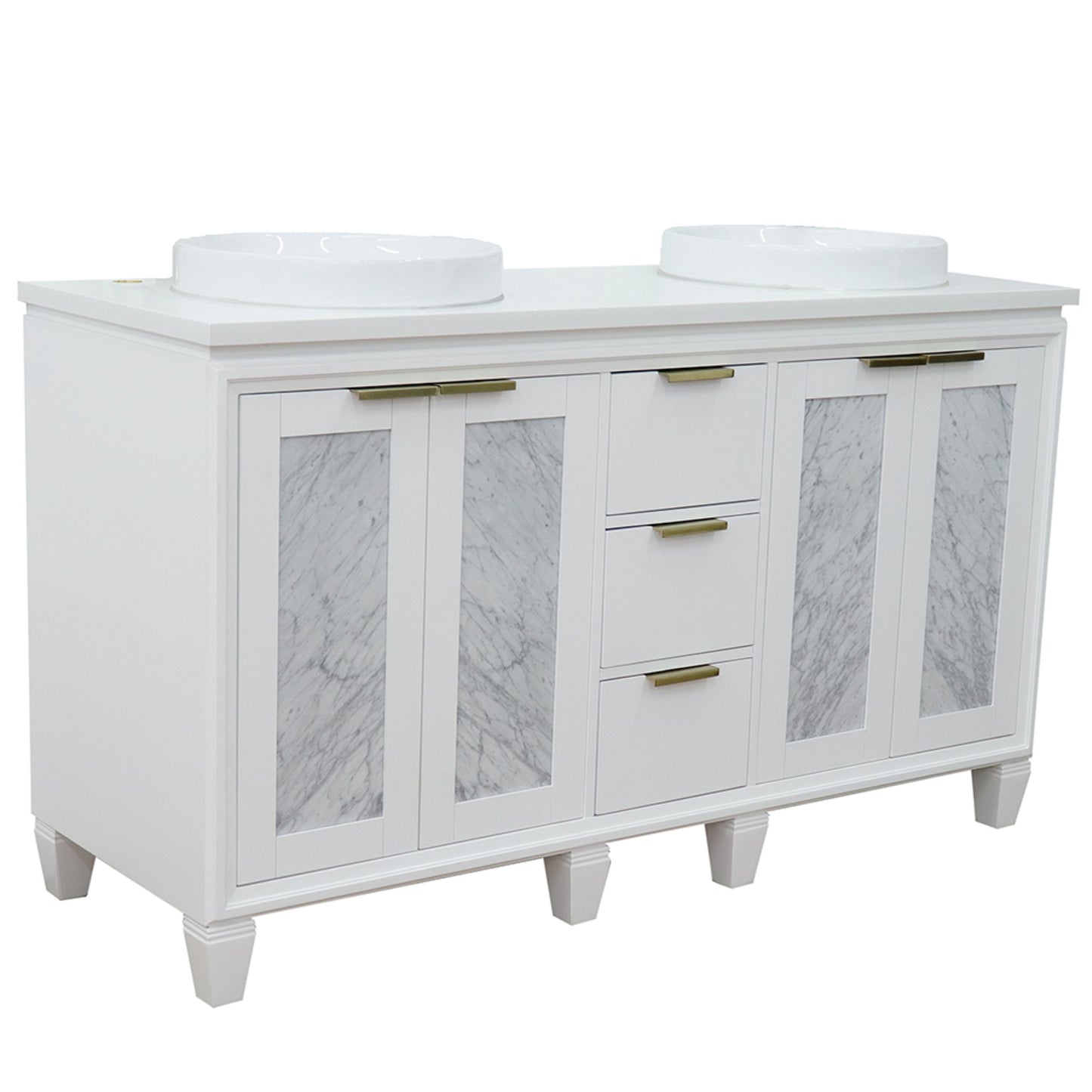 61" Double sink vanity in White finish with White engineered stone and round sink