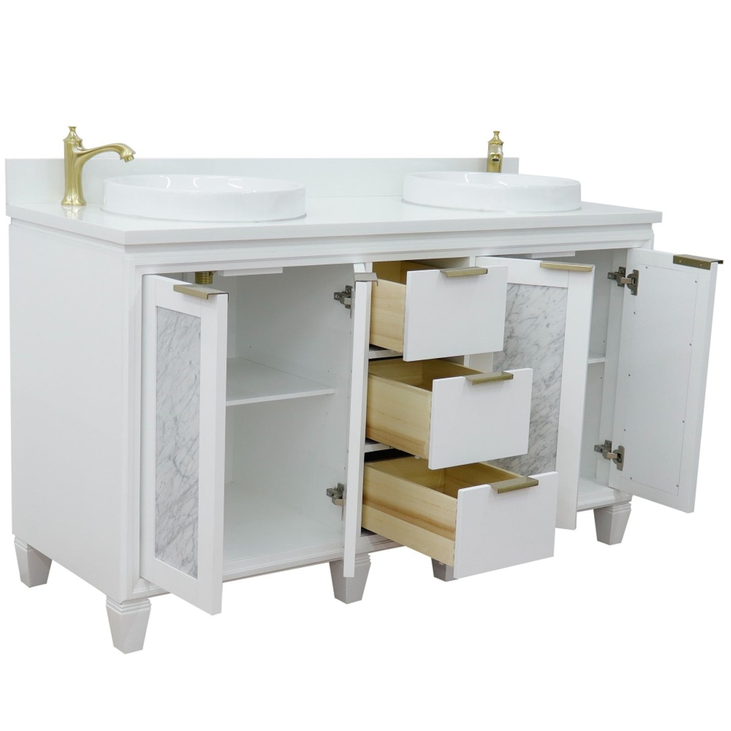 61" Double sink vanity in White finish with White engineered stone and round sink