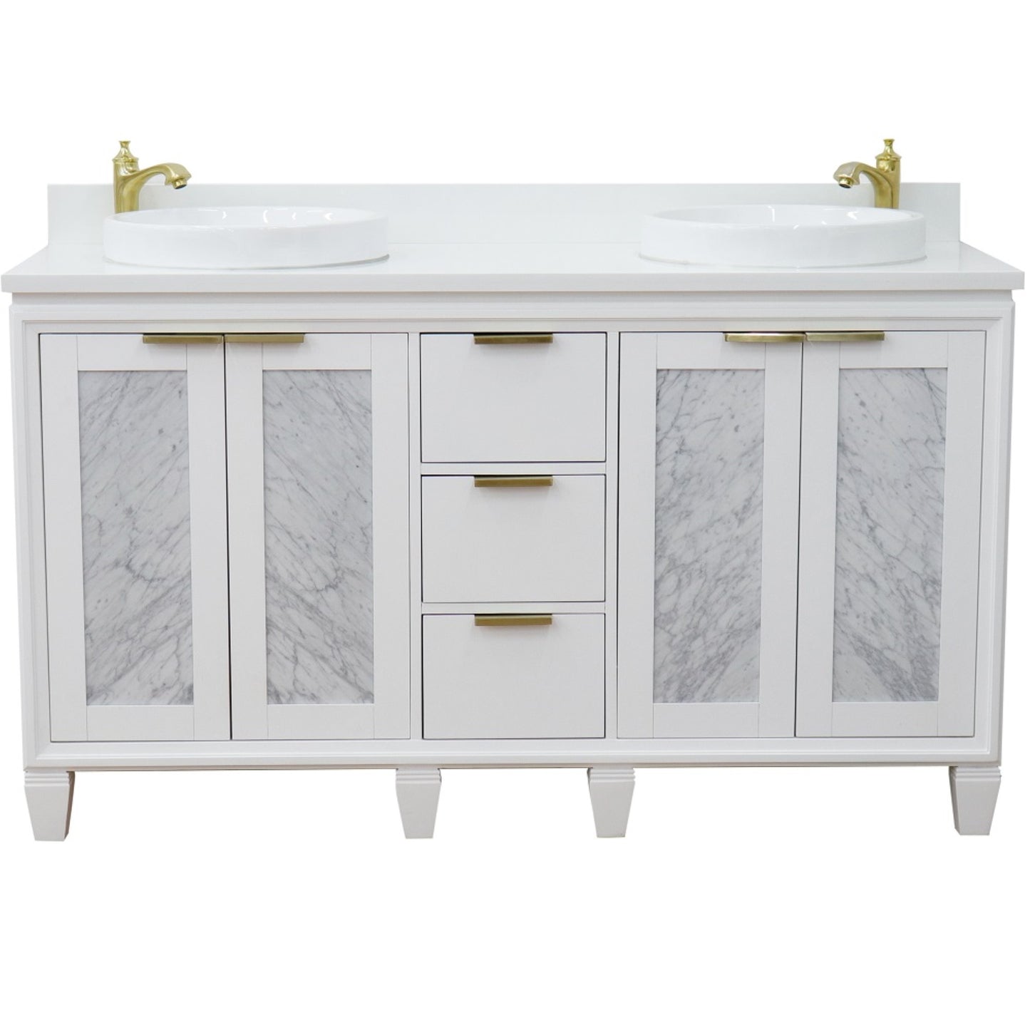 61" Double sink vanity in White finish with White engineered stone and round sink