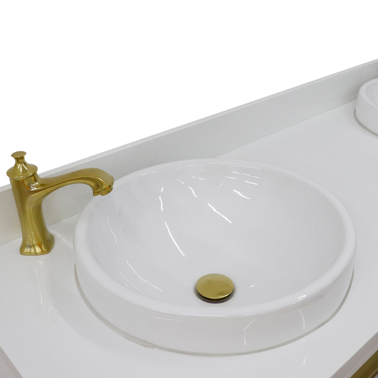 61" Double sink vanity in White finish with White engineered stone and round sink