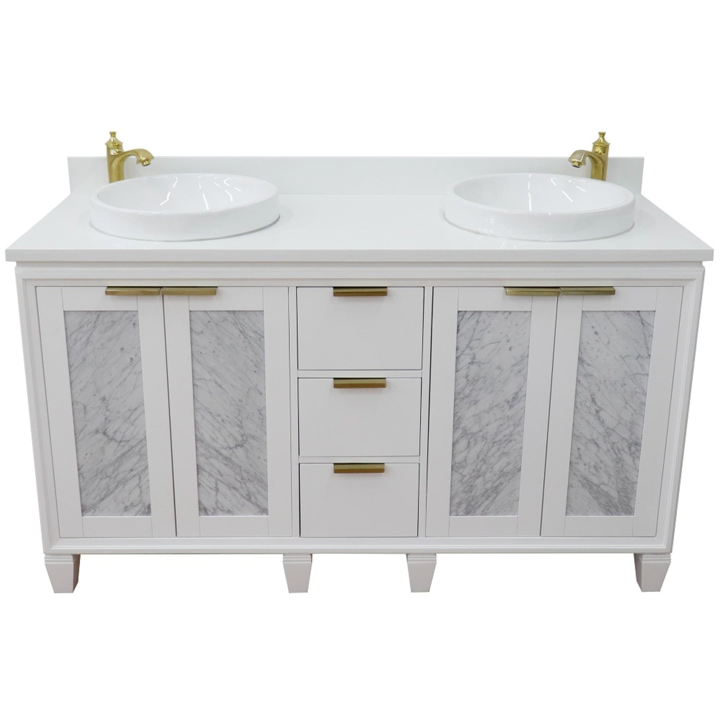 61" Double sink vanity in White finish with White engineered stone and round sink