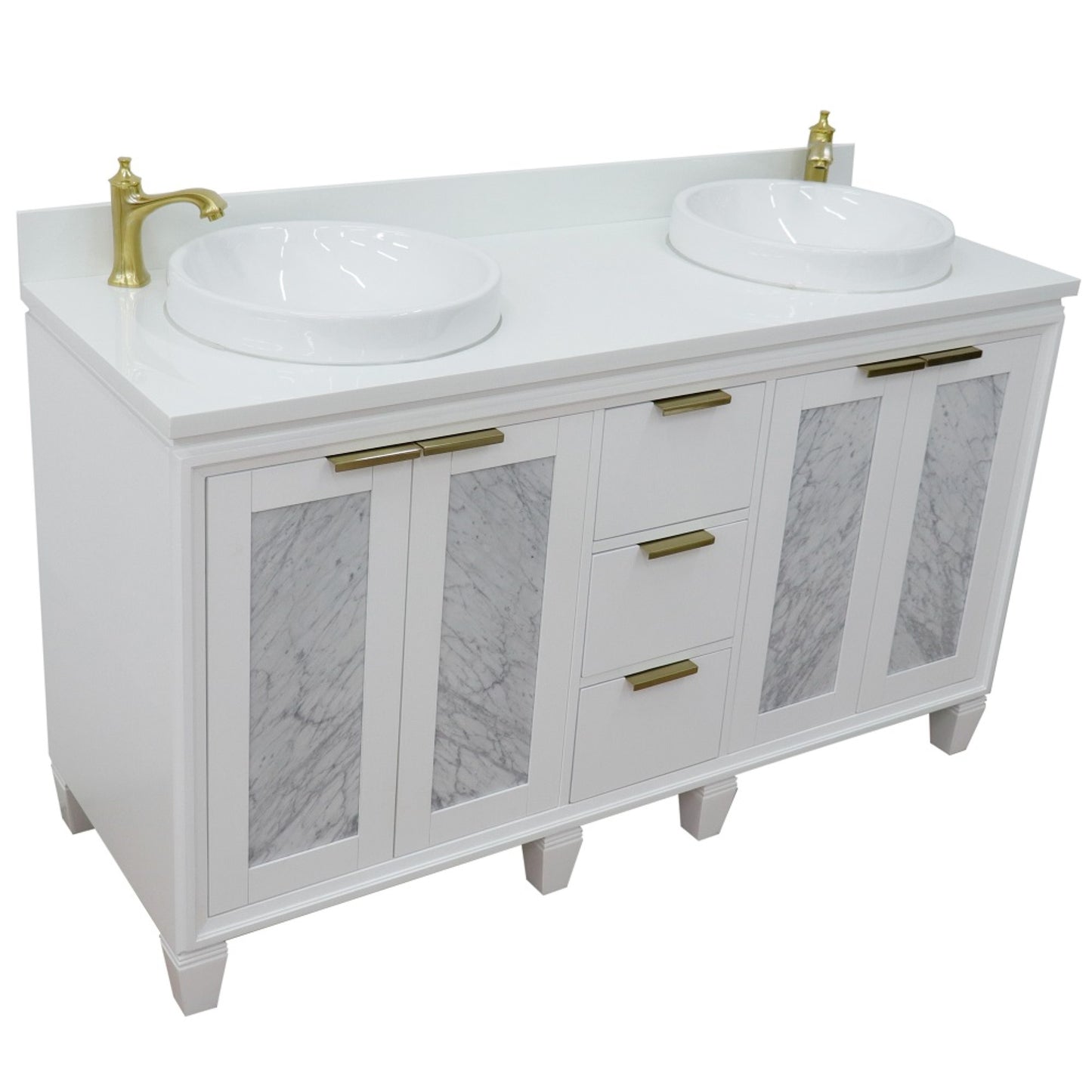 61" Double sink vanity in White finish with White engineered stone and round sink