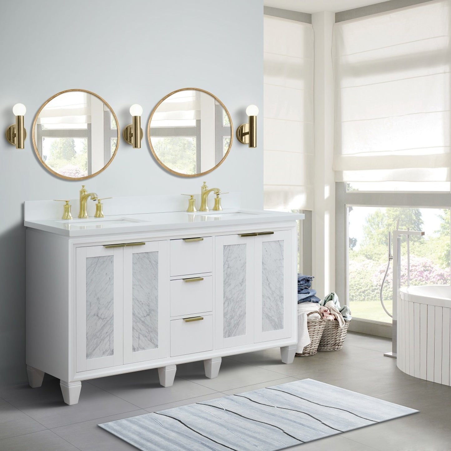 61" Double sink vanity in White finish with White engineered stone and rectangle sink