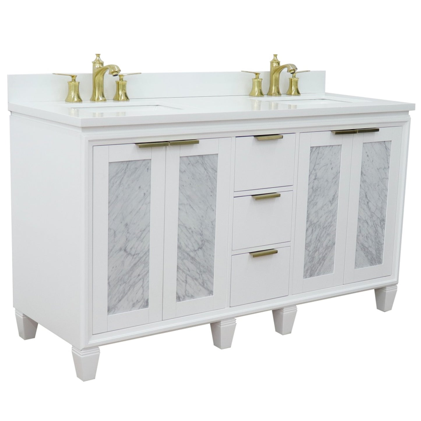 61" Double sink vanity in White finish with White engineered stone and rectangle sink