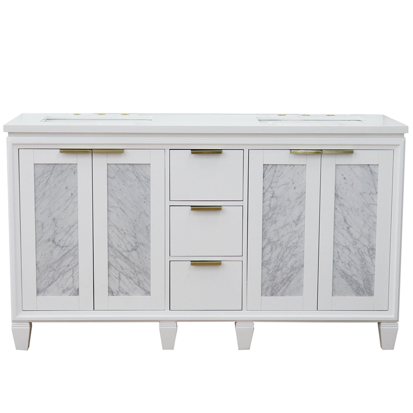 61" Double sink vanity in White finish with White engineered stone and rectangle sink