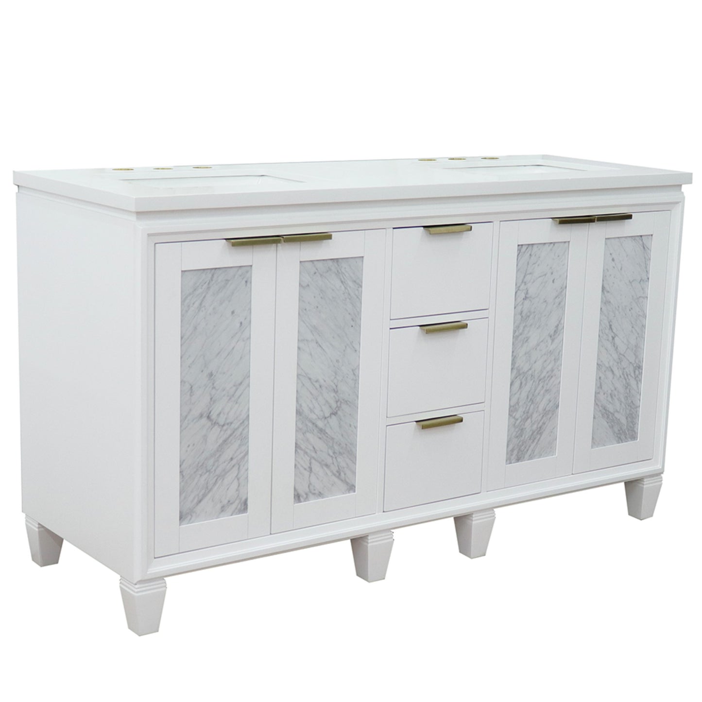 61" Double sink vanity in White finish with White engineered stone and rectangle sink