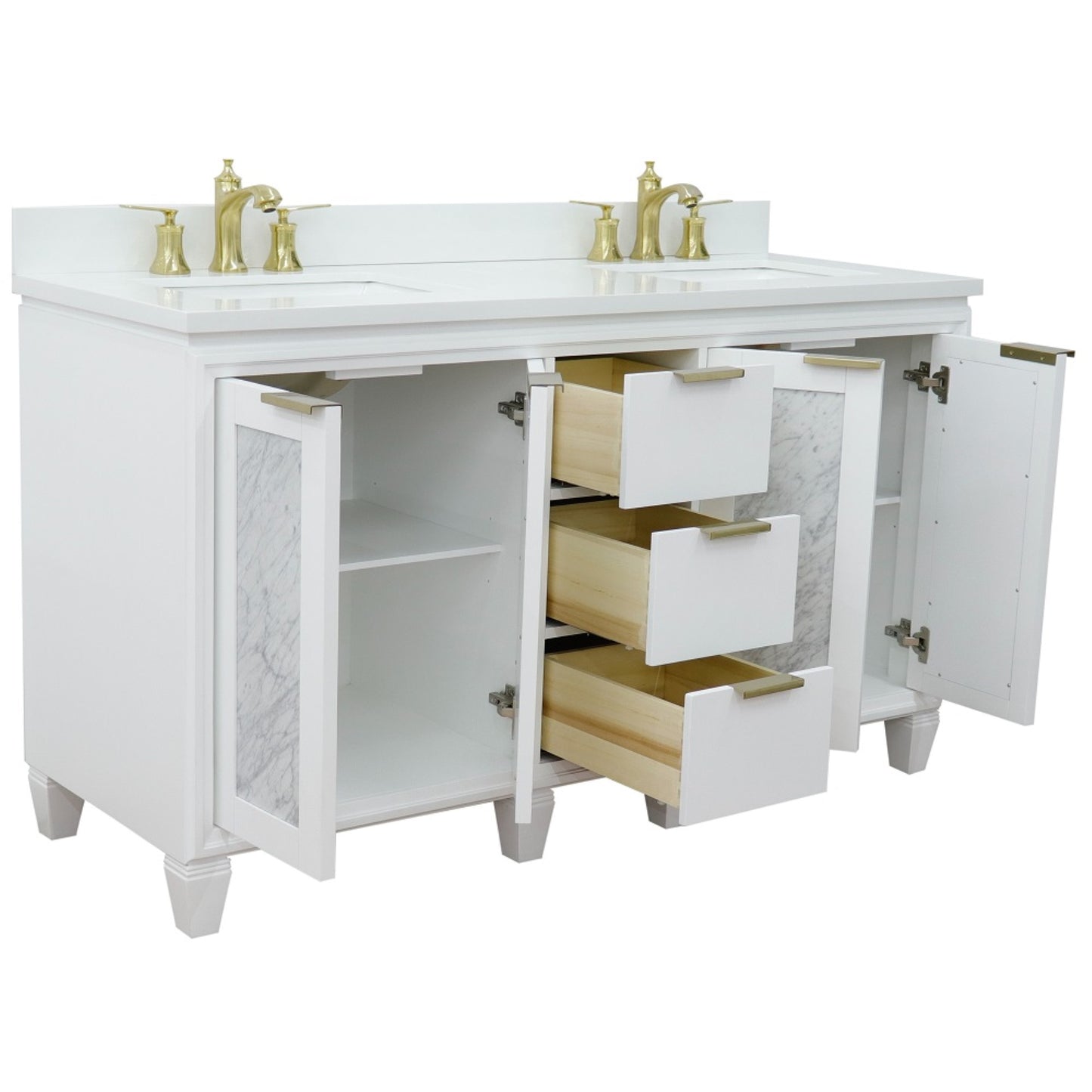 61" Double sink vanity in White finish with White engineered stone and rectangle sink