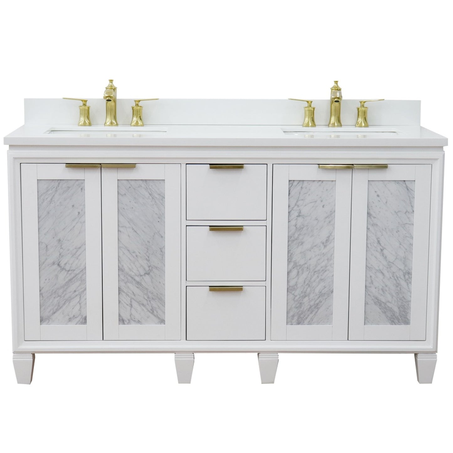 61" Double sink vanity in White finish with White engineered stone and rectangle sink