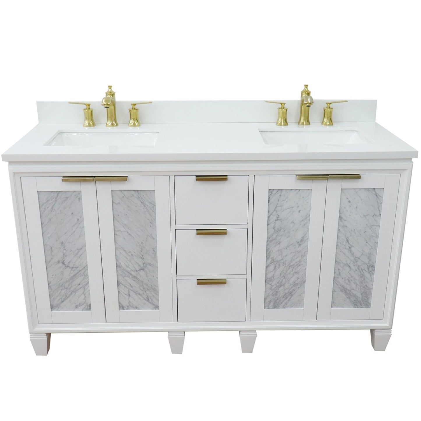 61" Double sink vanity in White finish with White engineered stone and rectangle sink