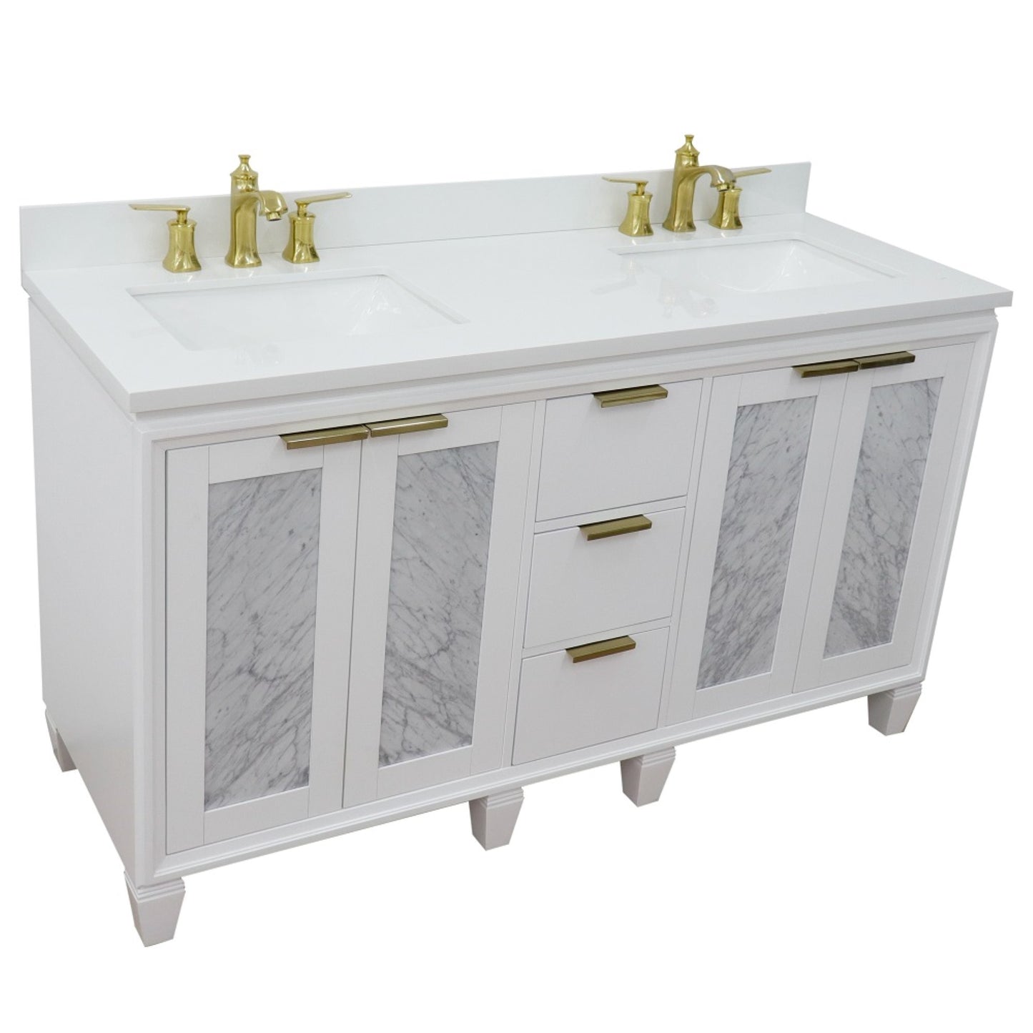 61" Double sink vanity in White finish with White engineered stone and rectangle sink