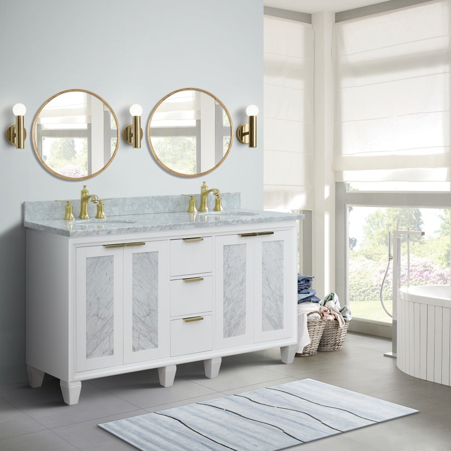 61" Double sink vanity in White finish with White Carrara marble and oval sink