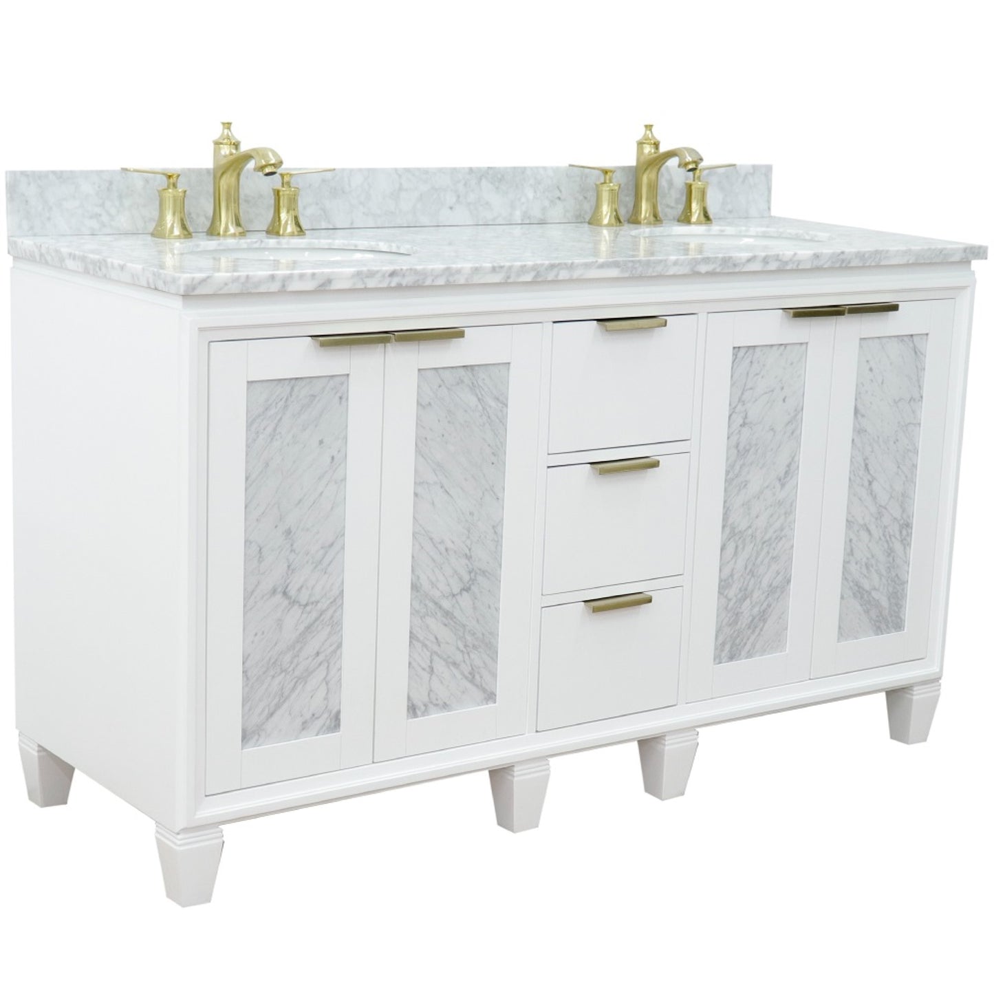 61" Double sink vanity in White finish with White Carrara marble and oval sink