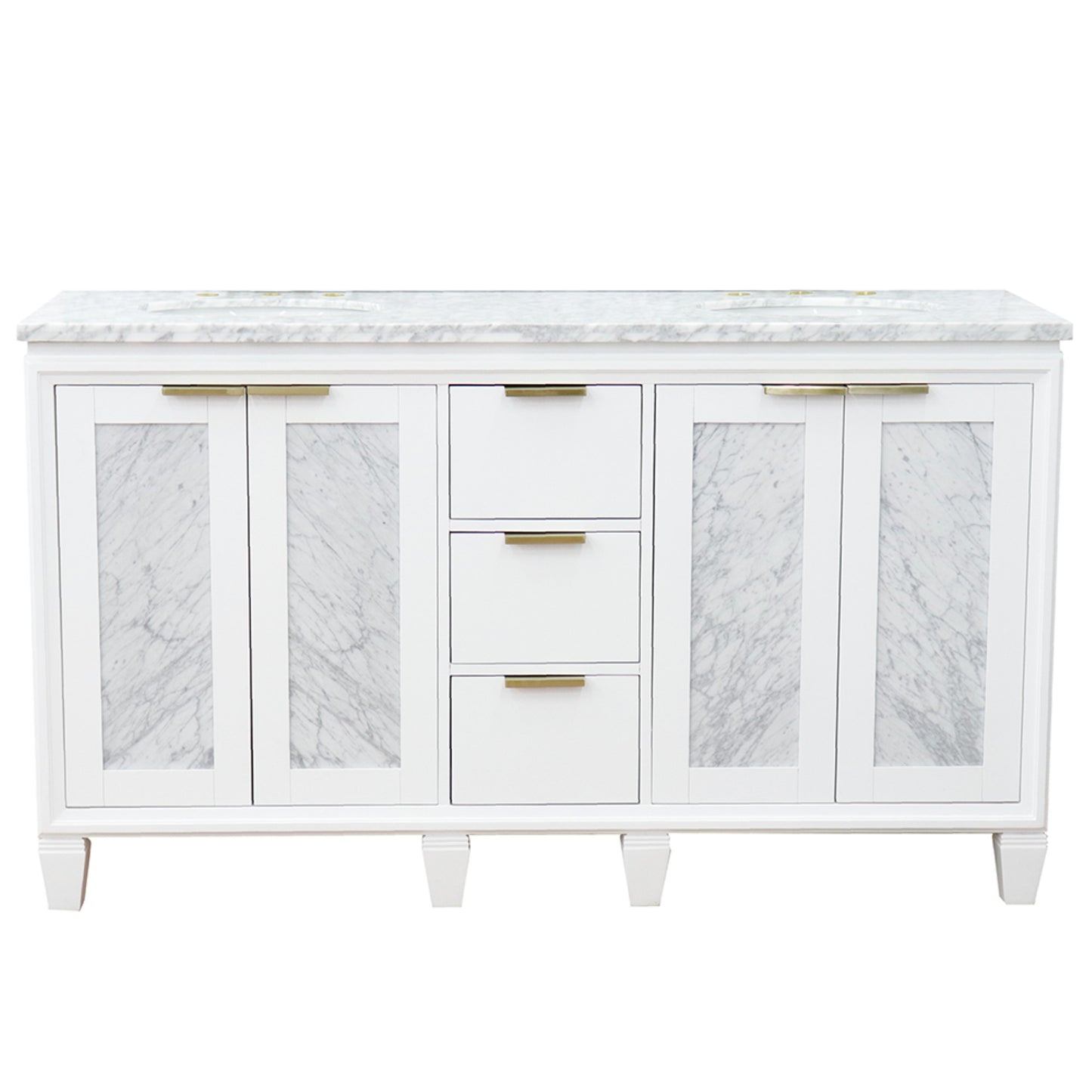 61" Double sink vanity in White finish with White Carrara marble and oval sink