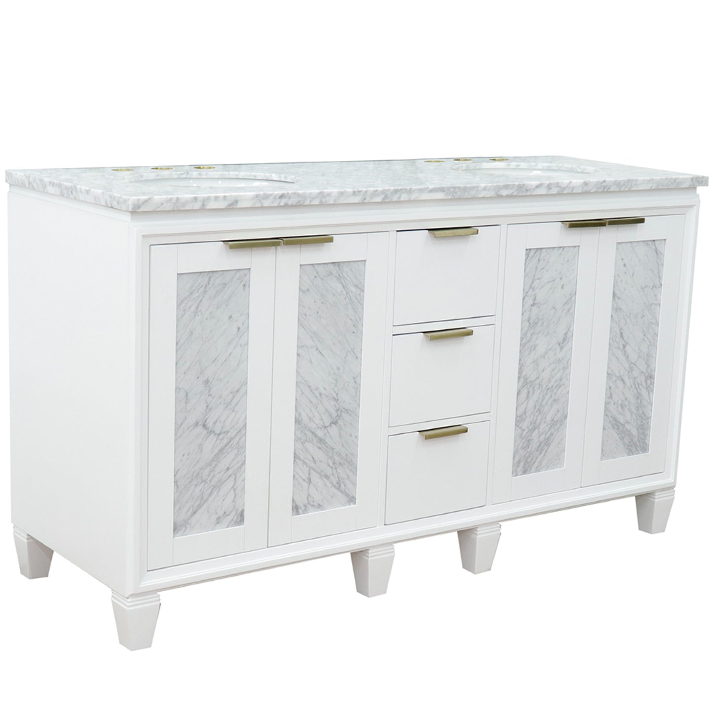 61" Double sink vanity in White finish with White Carrara marble and oval sink