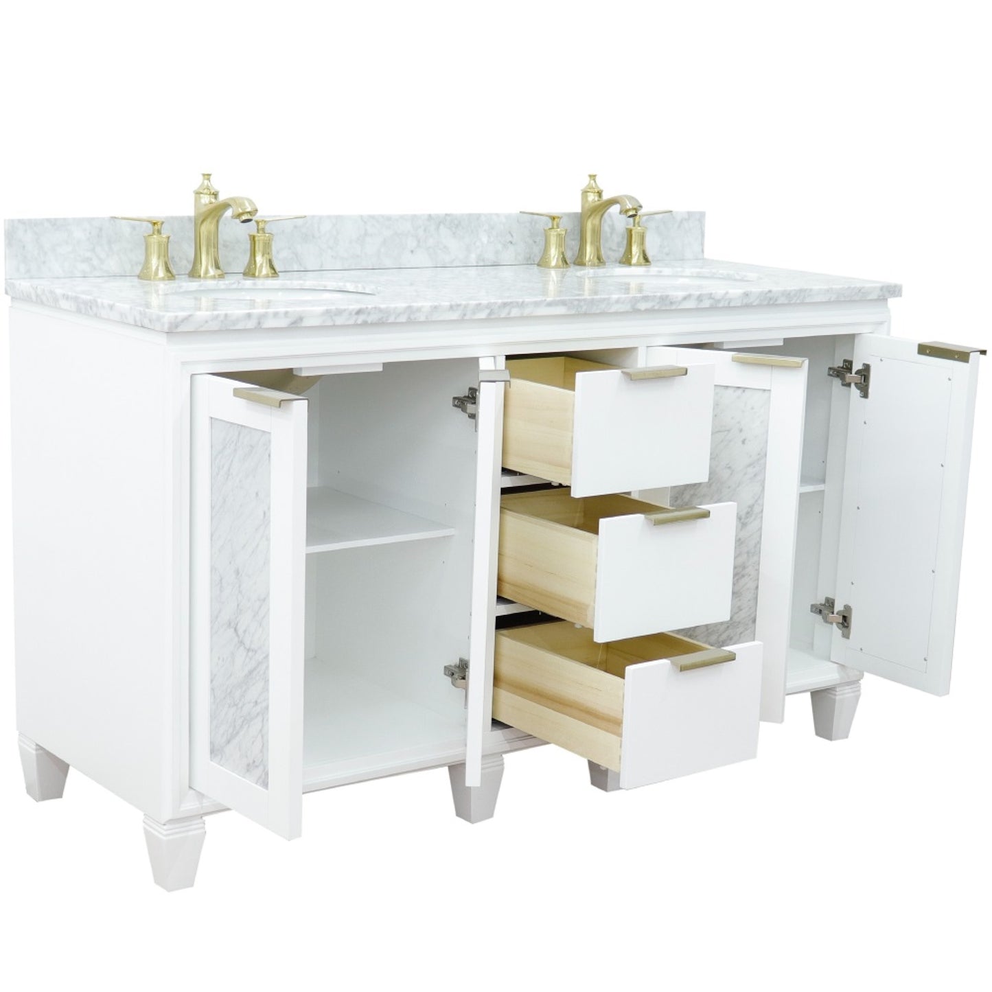 61" Double sink vanity in White finish with White Carrara marble and oval sink